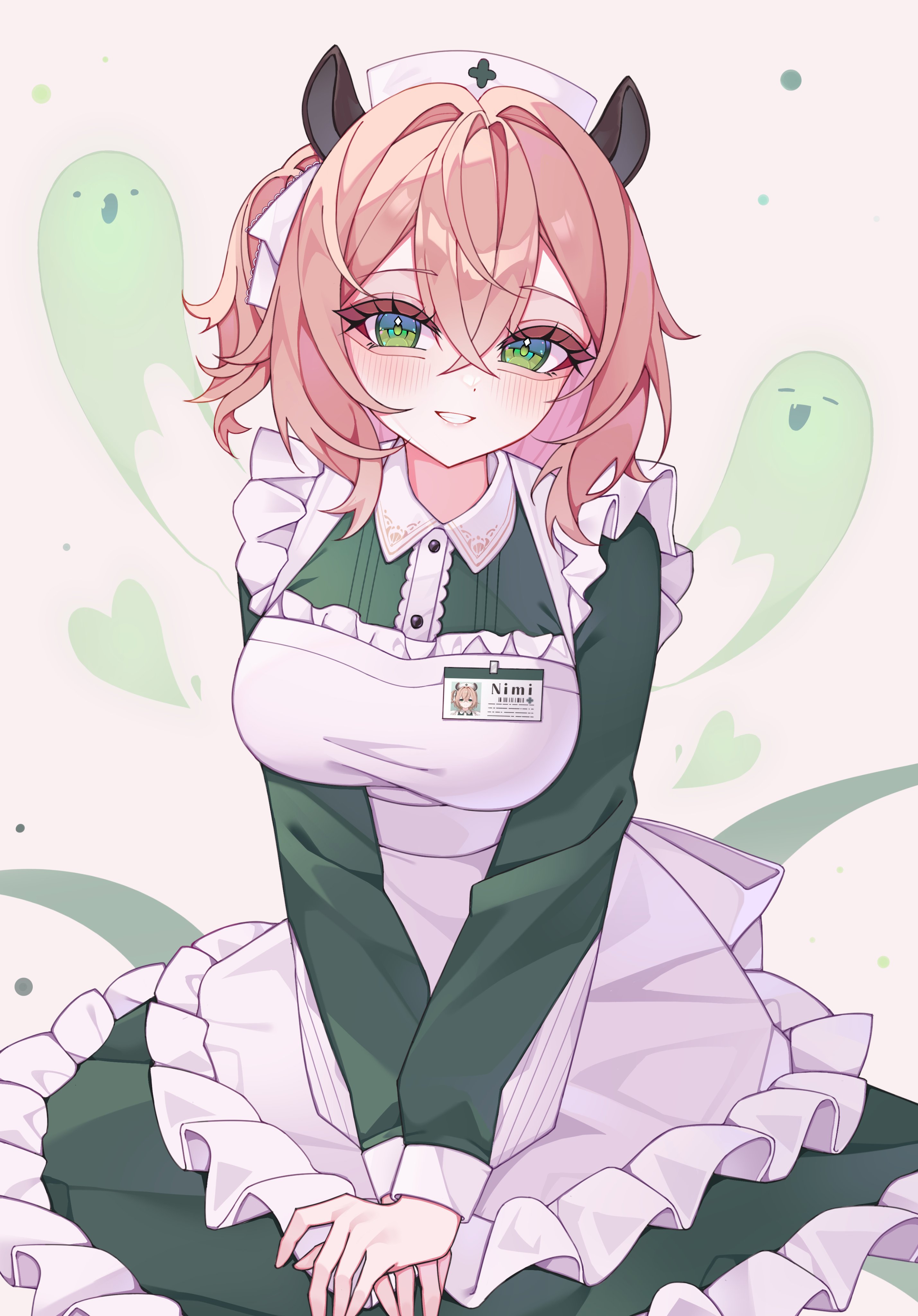 naplings (nimi nightmare), nimi nightmare, indie virtual youtuber, absurdres, commentary, highres, symbol-only commentary, 1girl, animal ears, apron, blush, breasts, brown hair, dress, frilled dress, frills, green dress, green eyes, hair ribbon, hat, long sleeves, name tag, nurse cap, ribbon, rinne (rinne oi), smile, tapir ears, tapir girl, virtual youtuber, white apron, white hat, white ribbon