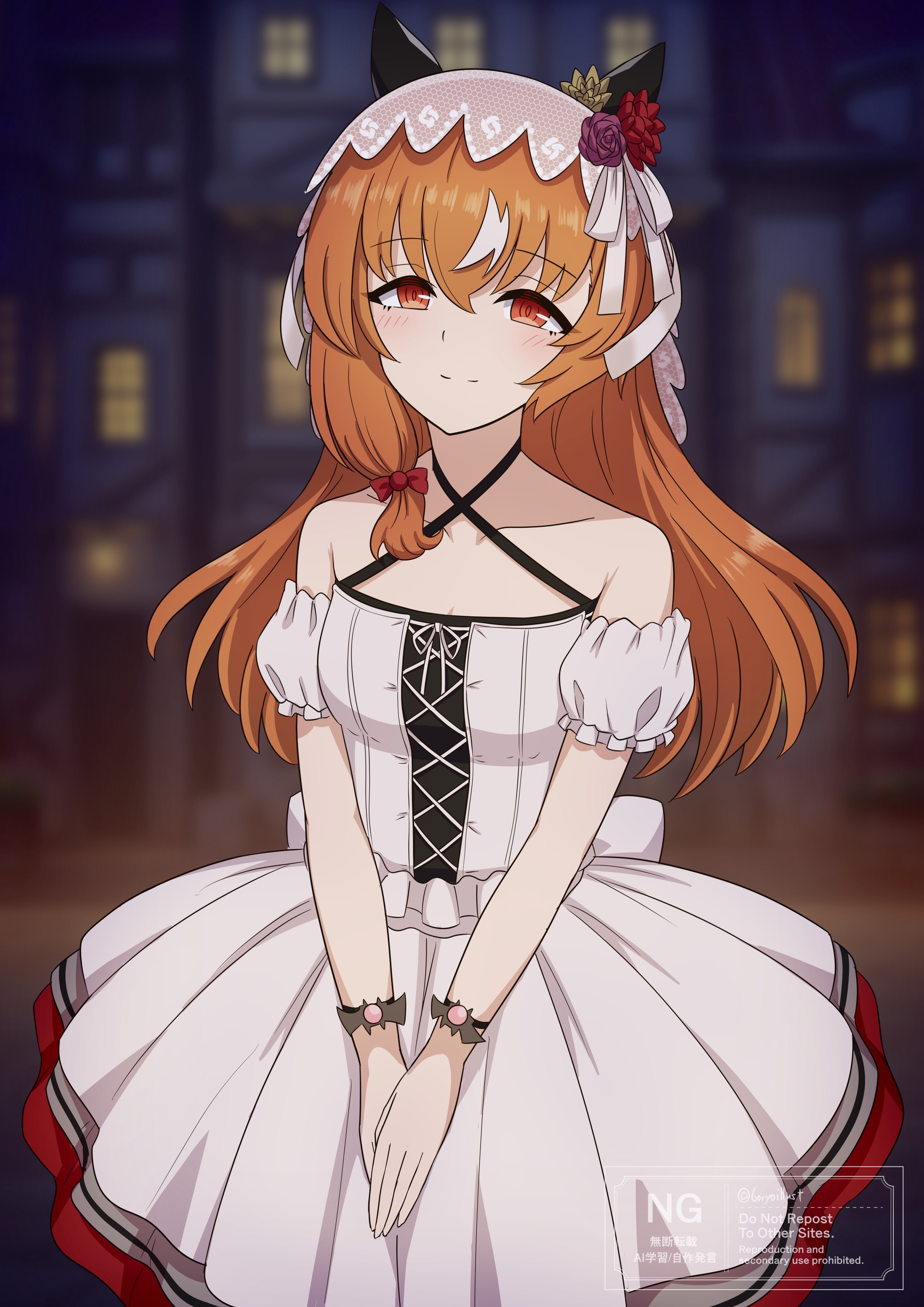 ryochan96154, still in love (umamusume), umamusume, absurdres, highres, 1girl, alternate costume, animal ears, brown hair, collarbone, horse ears, horse girl, night, red eyes, smile, solo, town, veil, white streaks, white veil