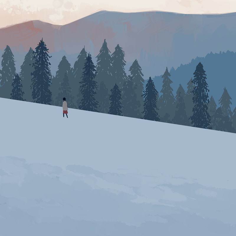 bangqiao yan, original, 1other, black hair, clear sky, day, dutch angle, forest, hill, mini person, mountainous horizon, nature, outdoors, red skirt, short hair, skirt, sky, snow, solo, sweater, tree, white sweater