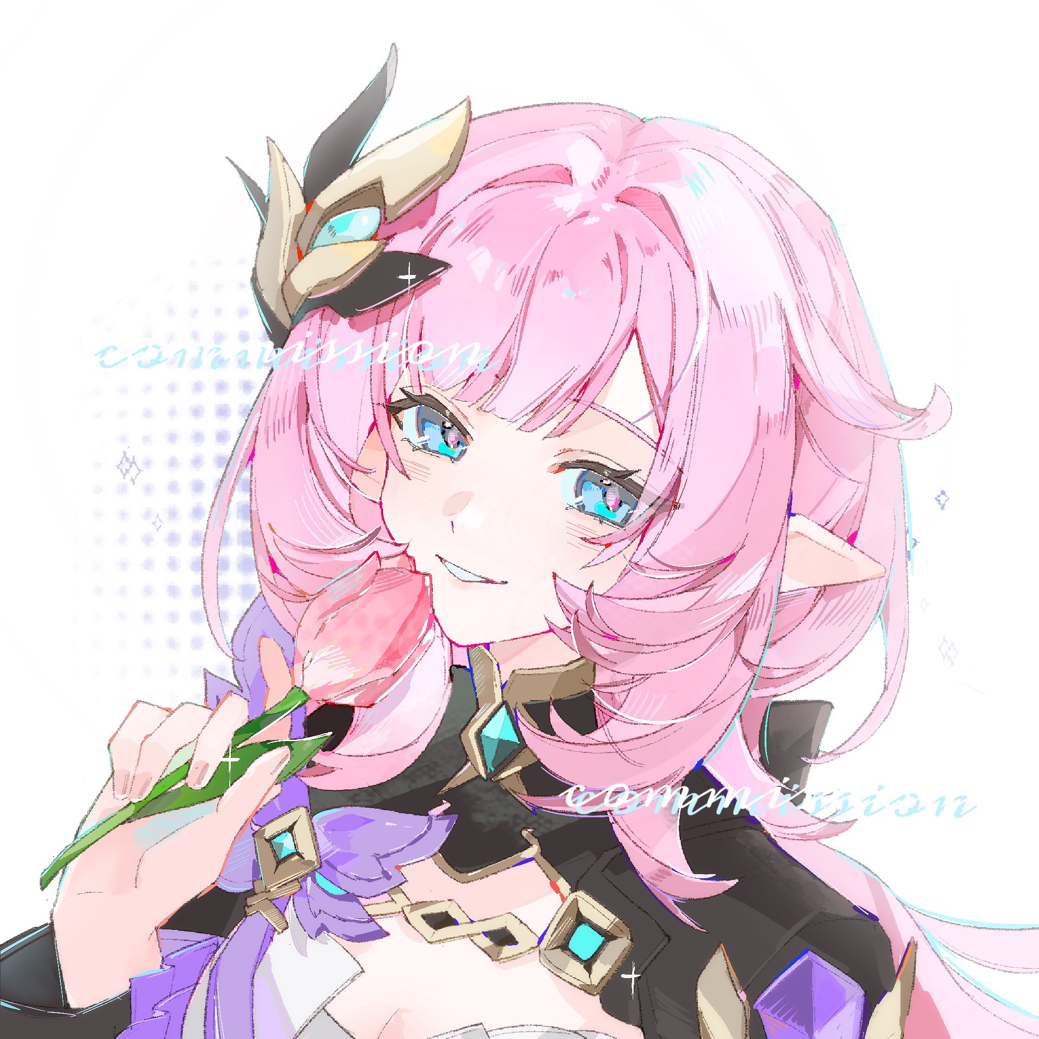 elysia (honkai impact), elysia (miss pink elf) (honkai impact), honkai (series), honkai impact 3rd, artist request, chinese commentary, commentary request, commission, highres, second-party source, 1girl, black shrug, blue eyes, breasts, cleavage, corset, elf, flower, hair ornament, holding, holding flower, large breasts, long hair, looking at viewer, pink flower, pink hair, pink tulip, pointy ears, shrug (clothing), smile, solo, tulip, white background, white corset
