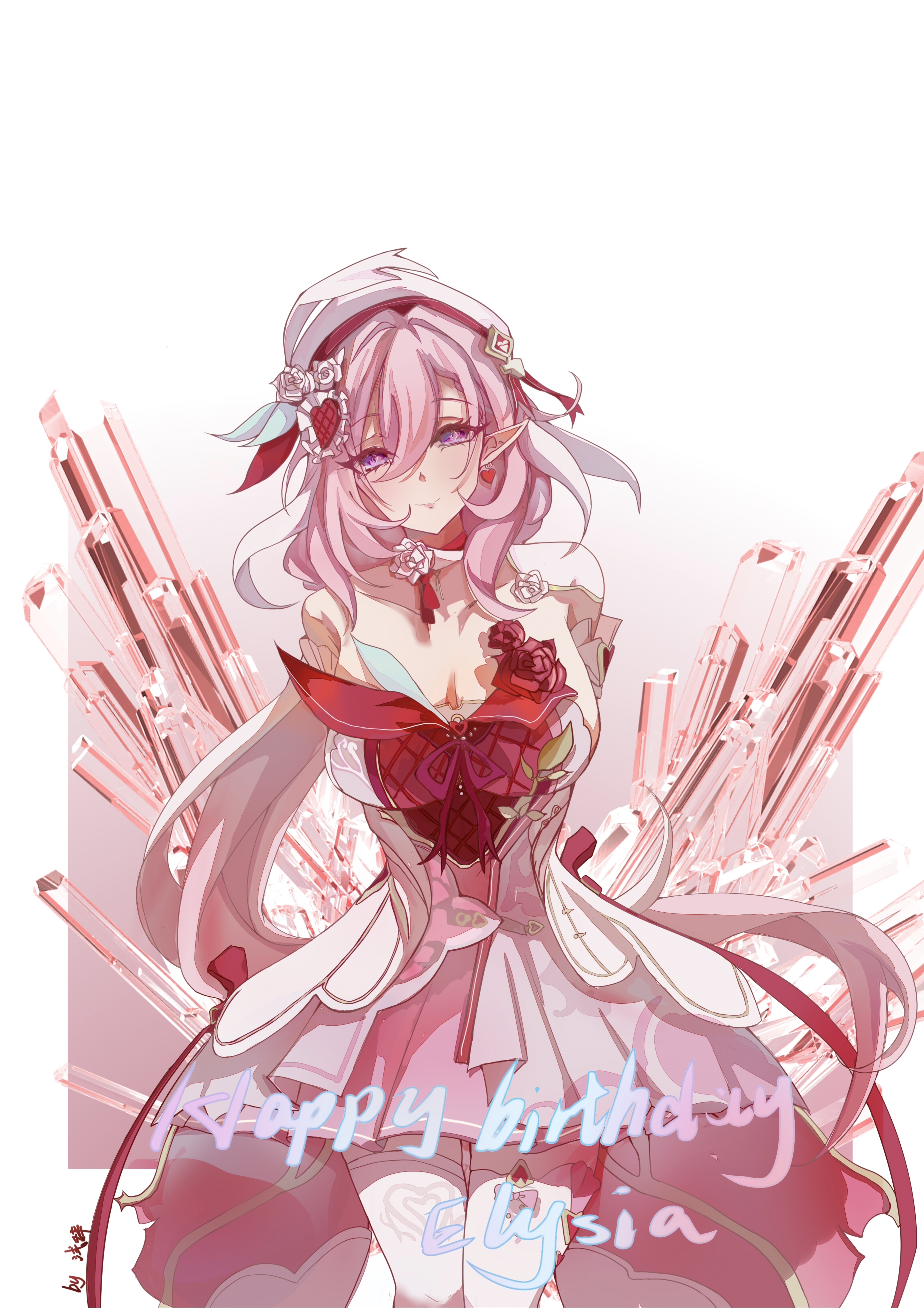 elysia (hi love elf) (honkai impact), elysia (honkai impact), honkai (series), honkai impact 3rd, absurdres, chinese commentary, commentary request, highres, 1girl, arms behind back, beret, breasts, cleavage, diamond-shaped pupils, diamond (shape), dress, earrings, elf, happy birthday, hat, heart, heart earrings, jewelry, large breasts, long hair, multicolored dress, multicolored hair, pink dress, pink hair, pointy ears, purple eyes, qianci15100, red dress, smile, solo, symbol-shaped pupils, thighhighs, two-tone hair, very long hair, white background, white dress, white hair, white thighhighs