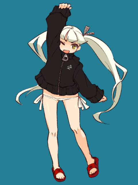 mota, original, 1girl, blue background, female focus, full body, long hair, one eye closed, panties, red sandals, sandals, side-tie panties, simple background, solo, standing, twintails, underwear, very long hair, white hair, wink, yellow eyes