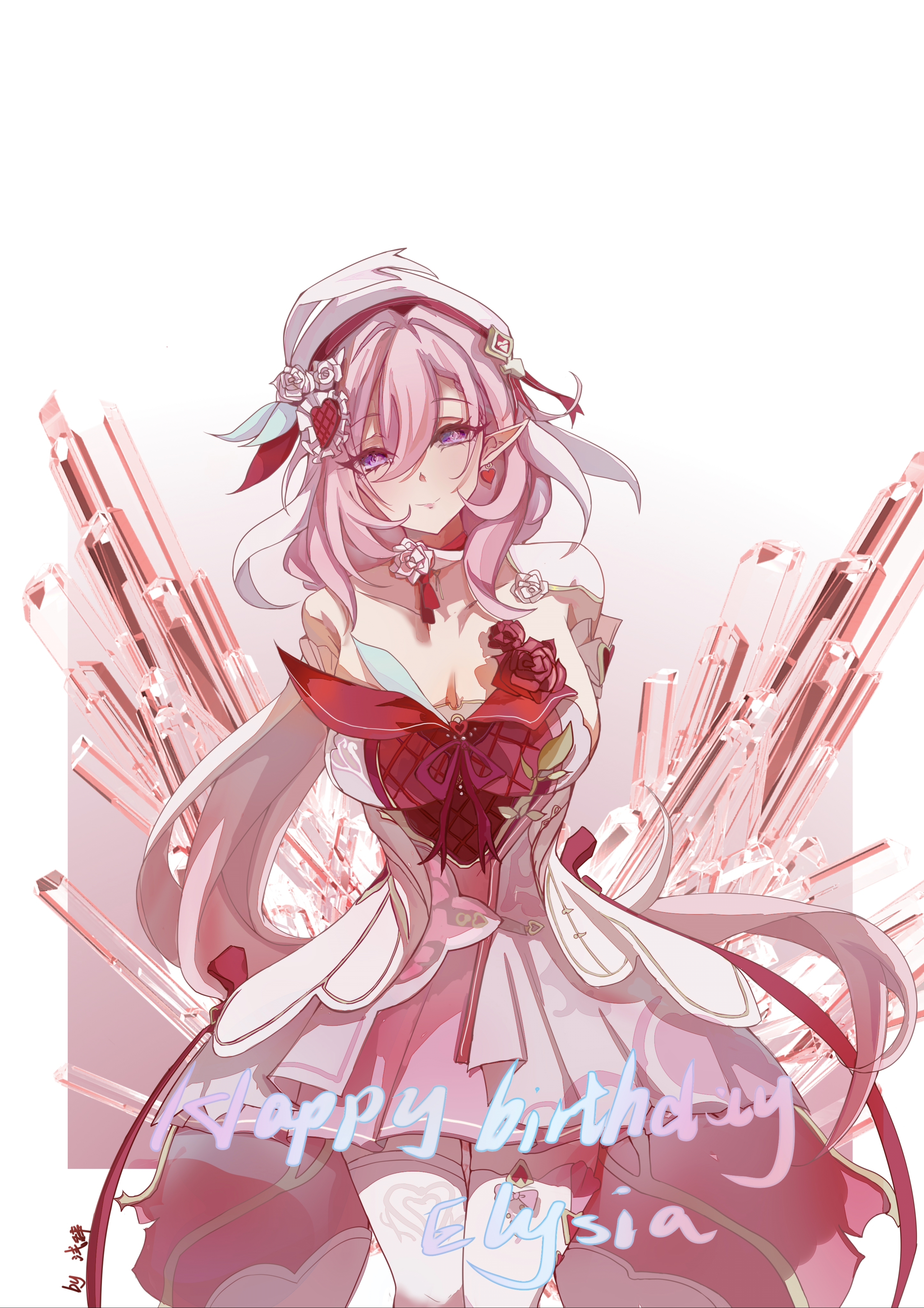 elysia (hi love elf) (honkai impact), elysia (honkai impact), honkai (series), honkai impact 3rd, absurdres, chinese commentary, commentary request, highres, 1girl, arms behind back, beret, breasts, cleavage, diamond-shaped pupils, diamond (shape), dress, earrings, elf, happy birthday, hat, heart, heart earrings, jewelry, large breasts, long hair, multicolored dress, multicolored hair, pink dress, pink hair, pointy ears, purple eyes, qianci15100, red dress, smile, solo, symbol-shaped pupils, thighhighs, two-tone hair, very long hair, white background, white dress, white hair, white thighhighs