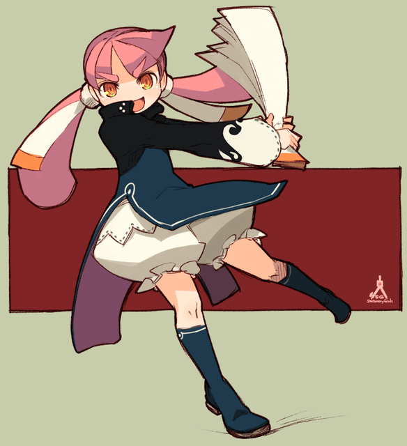 mota, original, 1girl, female focus, full body, hand fan, harisen, kneehighs, orange eyes, pink hair, socks, solo, twintails