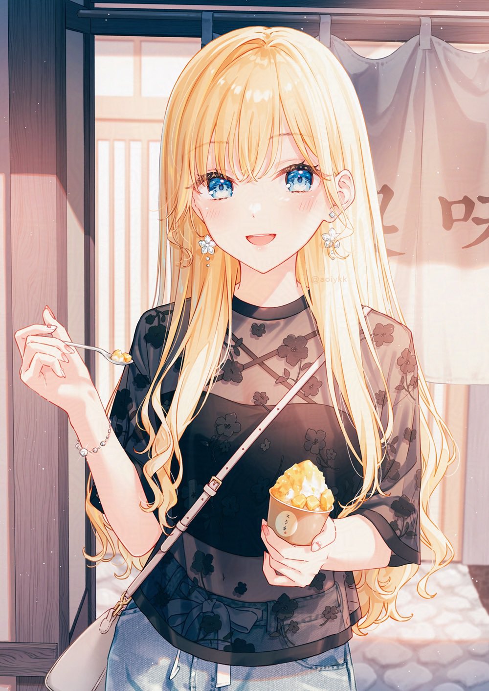 tadano yukiko, original, highres, 1girl, bag, black camisole, blonde hair, blue eyes, blue pants, bracelet, breasts, camisole, earrings, food, handbag, holding, holding food, holding ice cream, holding shaved ice, holding spoon, ice cream, jewelry, lace shirt, long hair, looking at viewer, midriff, navel, pants, see-through clothes, solo, spoon