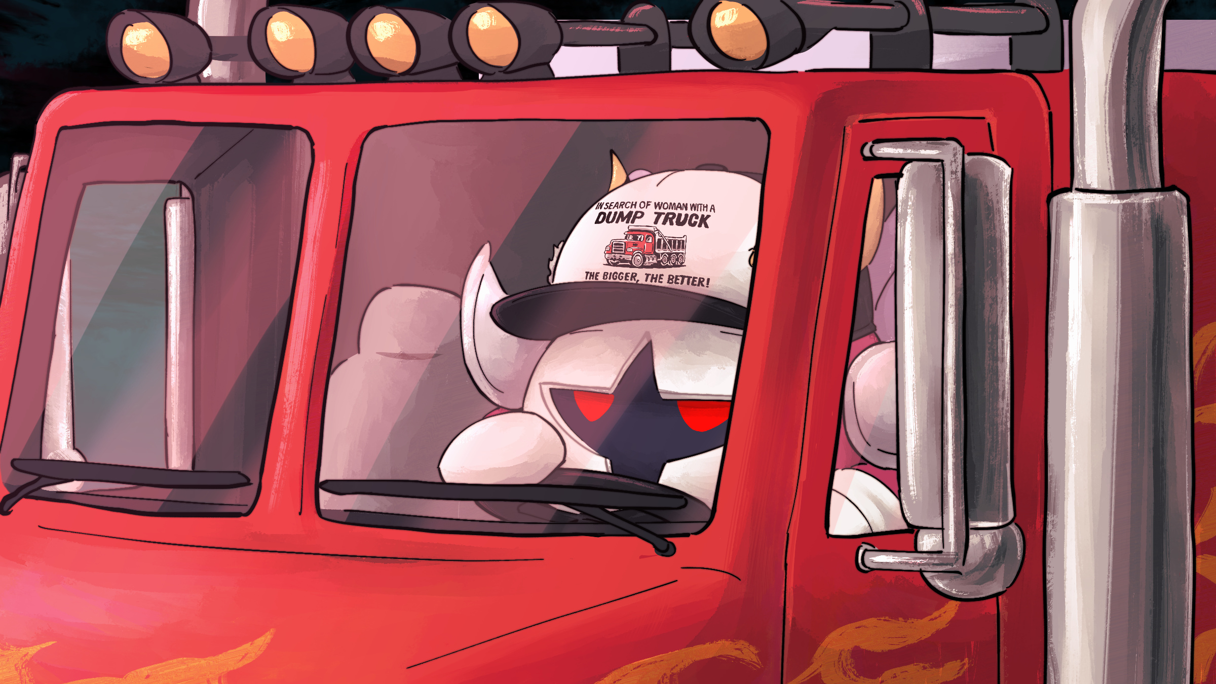 shibulio, galacta knight, kirby (series), nintendo, highres, armor, baseball cap, clothes writing, driving, exhaust pipe, gloves, hat, mask, motor vehicle, no humans, pauldrons, red eyes, semi truck, shoulder armor, solo, truck, white gloves