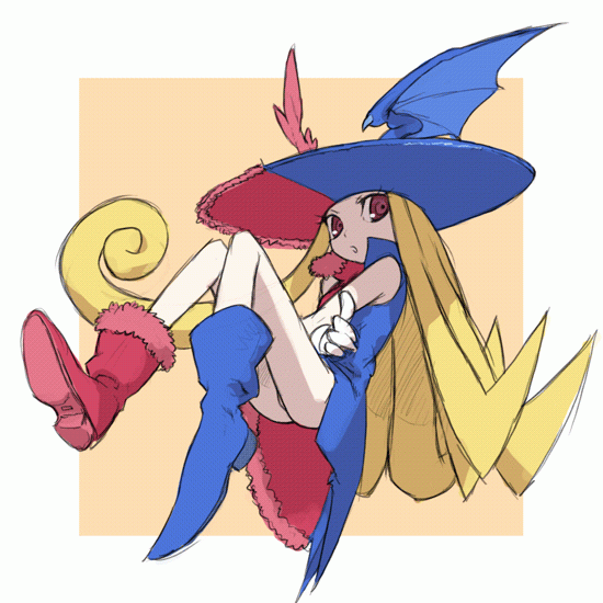 jiyu2, shyna nera shyna, sinna neutlarva sinner, silhouette mirage, 1girl, ass, asymmetrical clothes, asymmetrical footwear, blonde hair, boots, female focus, gloves, hat, mismatched footwear, red eyes, solo, wings