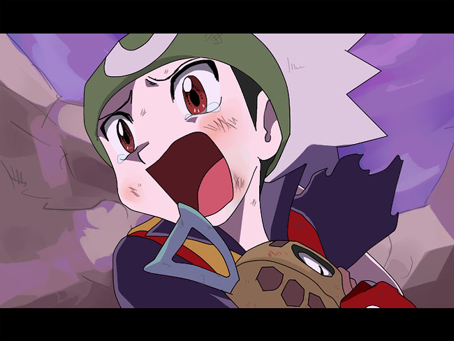 kuruko rin, yamamoto satoshi, brendan (pokemon), feebas, nintendo, pokemon, pokemon adventures, pokemon special anime, bad id, bad pixiv id, 1boy, black hair, gen 3 pokemon, hat, letterboxed, male focus, open mouth, pokemon (creature), red eyes, tears