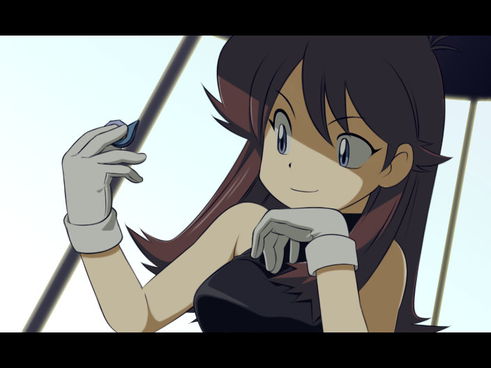 mato, yagitori, green (pokemon), nintendo, pokemon, pokemon adventures, pokemon rgby, pokemon special anime, bad id, bad pixiv id, 1990s (style), 1girl, badge, badge (pokemon), bare shoulders, black dress, blue eyes, boulder badge, breasts, brown hair, cascade badge, dress, female focus, gloves, letterboxed, retro artstyle, smirk, solo, white gloves