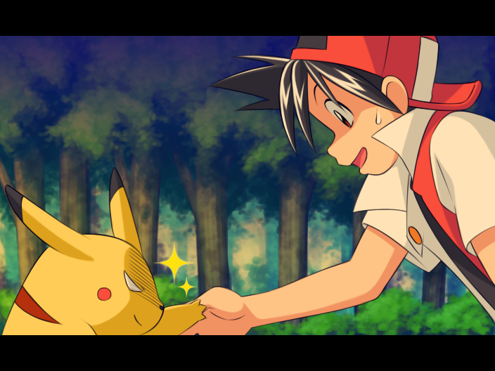 mato, yagitori, pikachu, red (pokemon), nintendo, pokemon, pokemon adventures, pokemon special anime, bad id, bad pixiv id, 1boy, baseball cap, black hair, forest, gen 1 pokemon, handshake, hat, letterboxed, male focus, nature, open mouth, outdoors, plant, pokemon (creature), red eyes, short hair, sparkle, sweatdrop, upper body, you gonna get raped