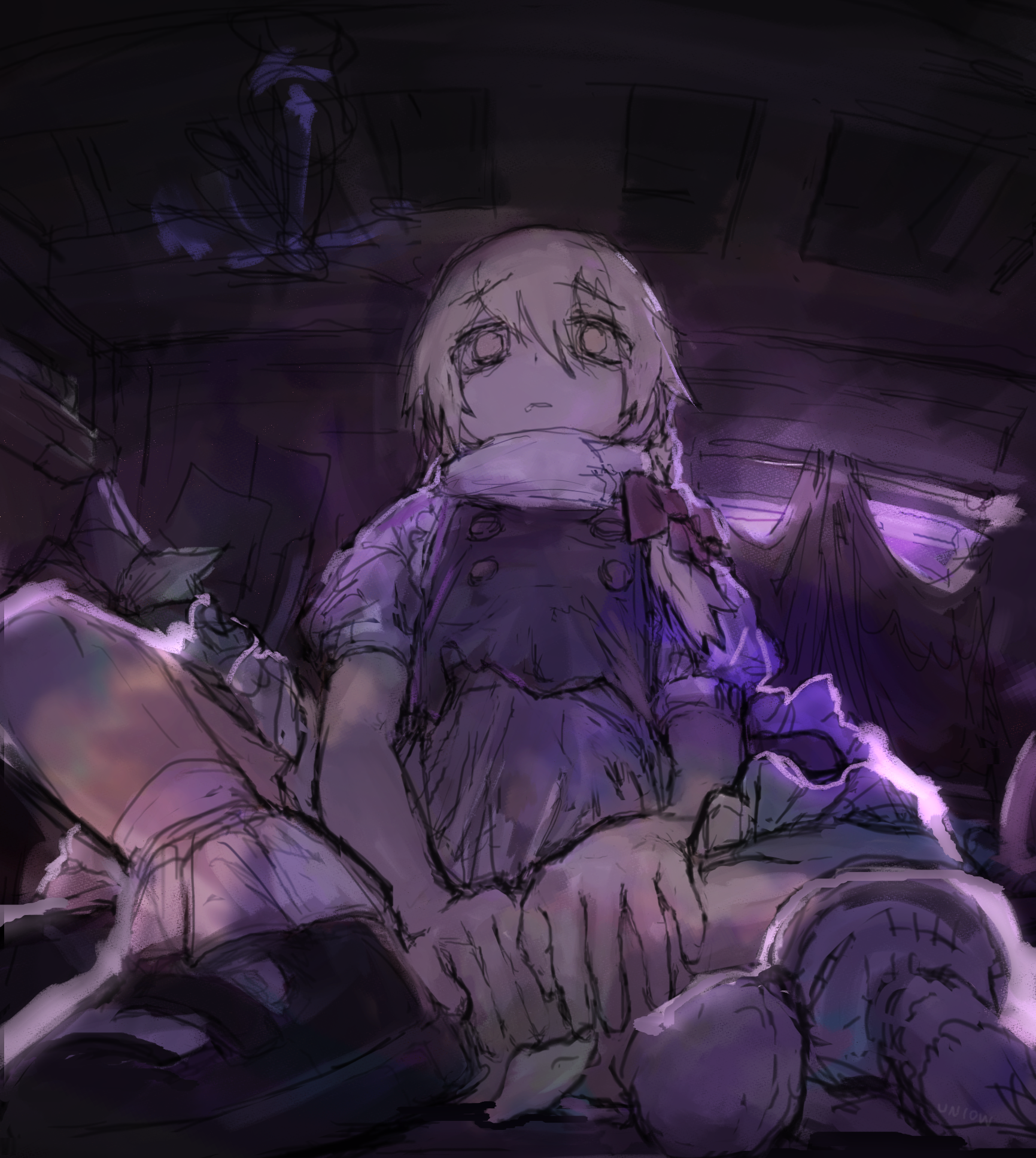 kirisame marisa, touhou, uncomfortable, highres, non-web source, drugged, drugs, empty eyes, lsd, messy room, mushroom, sitting, tripping, witch