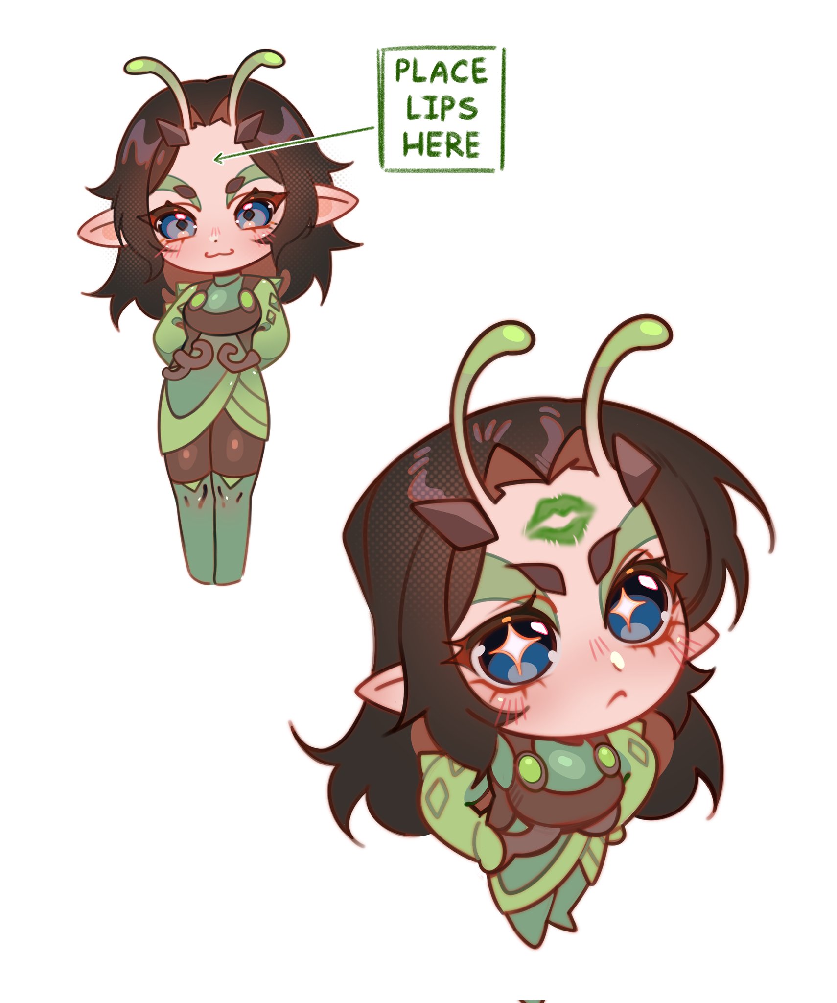 evil cactus, mantis (marvel), guardians of the galaxy, marvel, marvel rivals, commentary, english commentary, highres, + +, 1girl, alien, antennae, arms behind back, black hair, blue eyes, boots, english text, eyeshadow, green boots, green eyeshadow, hands on own hips, lipstick mark, long hair, looking at viewer, makeup, multiple views, pointy ears, pout, solo, white background