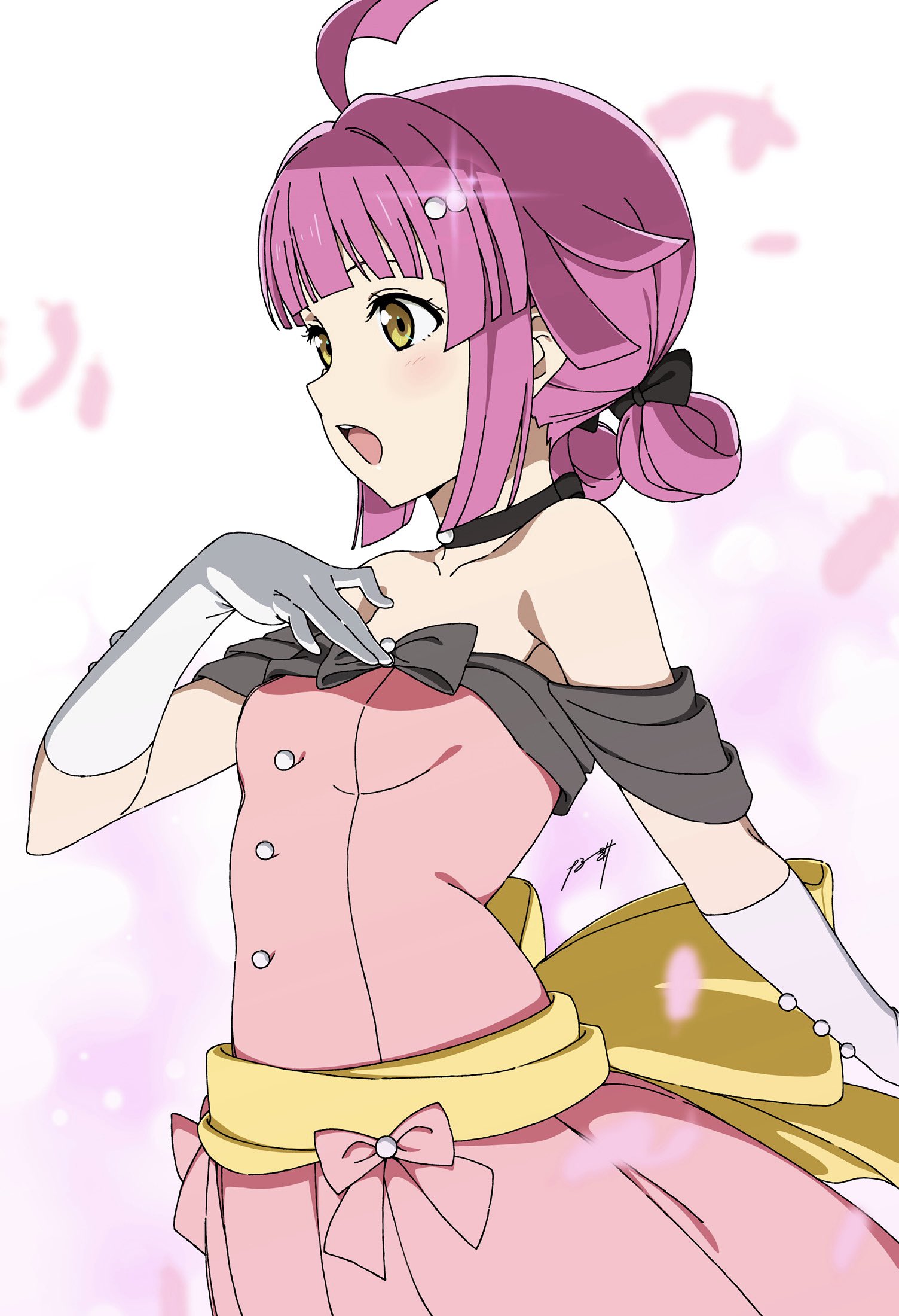 nagi mkrnpn, tennoji rina, love live!, love live! nijigasaki high school idol club, highres, 1girl, alternate costume, black choker, breasts, choker, dress, feet out of frame, gloves, looking at another, music, open mouth, pink dress, pink eyes, pink hair, short hair, simple background, singing, small breasts, solo, standing, teeth, upper teeth only, white background, white gloves