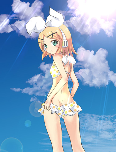 massala, kagamine rin, project diva, project diva (series), vocaloid, bad id, bad pixiv id, lowres, 1girl, aqua eyes, bare shoulders, bikini, blonde hair, butt crack, cloud, day, female focus, flat chest, hair ornament, hair ribbon, hairclip, headphones, light rays, looking back, polka dot, polka dot bikini, polka dot swimsuit, ribbon, short hair, sky, solo, standing, sunbeam, sunlight, swimsuit
