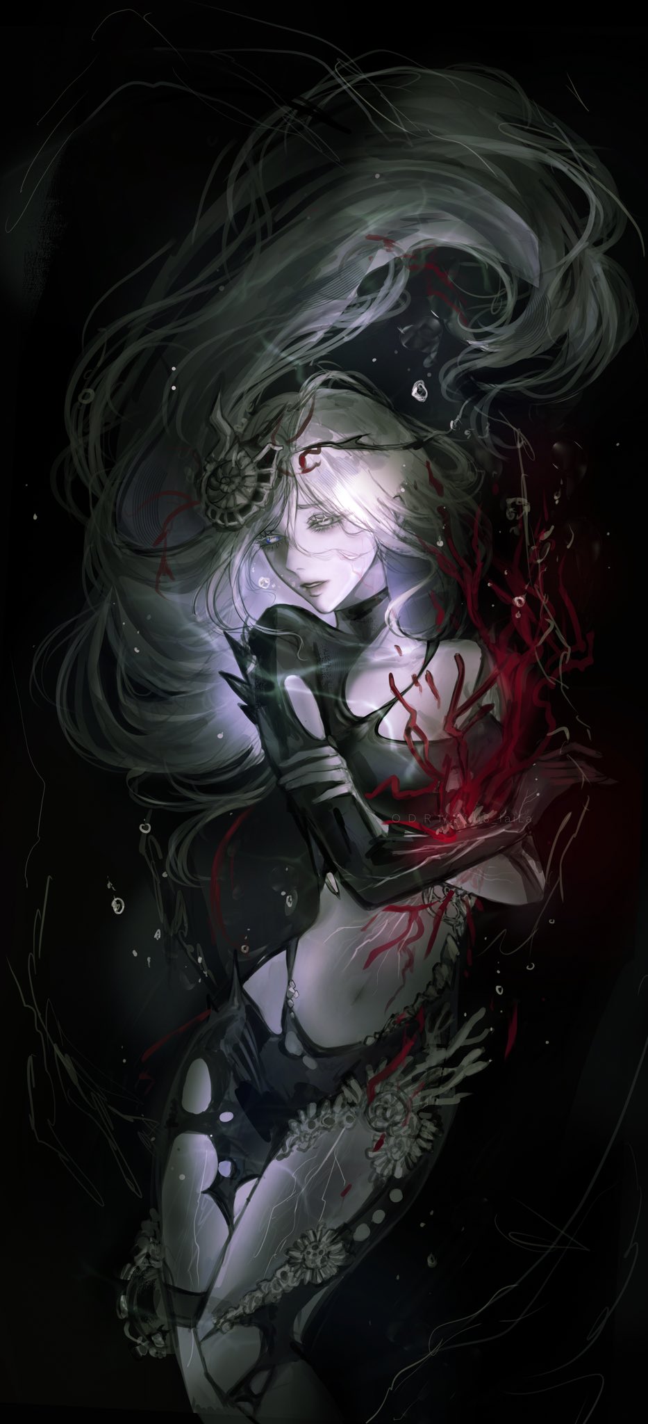 nidi3 laila, pylgia (path to nowhere), path to nowhere, commentary, english commentary, highres, 1girl, air bubble, black bodysuit, black wetsuit, bodysuit, breasts, bubble, cleavage, collarbone, colored eyelashes, coral, crossed arms, feet out of frame, floating hair, fossil hair ornament, glowing, glowing eye, heterochromia, long hair, material growth, pale skin, plant growth, solo, stomach, submerged, torn bodysuit, torn clothes, underwater, very long hair, white hair