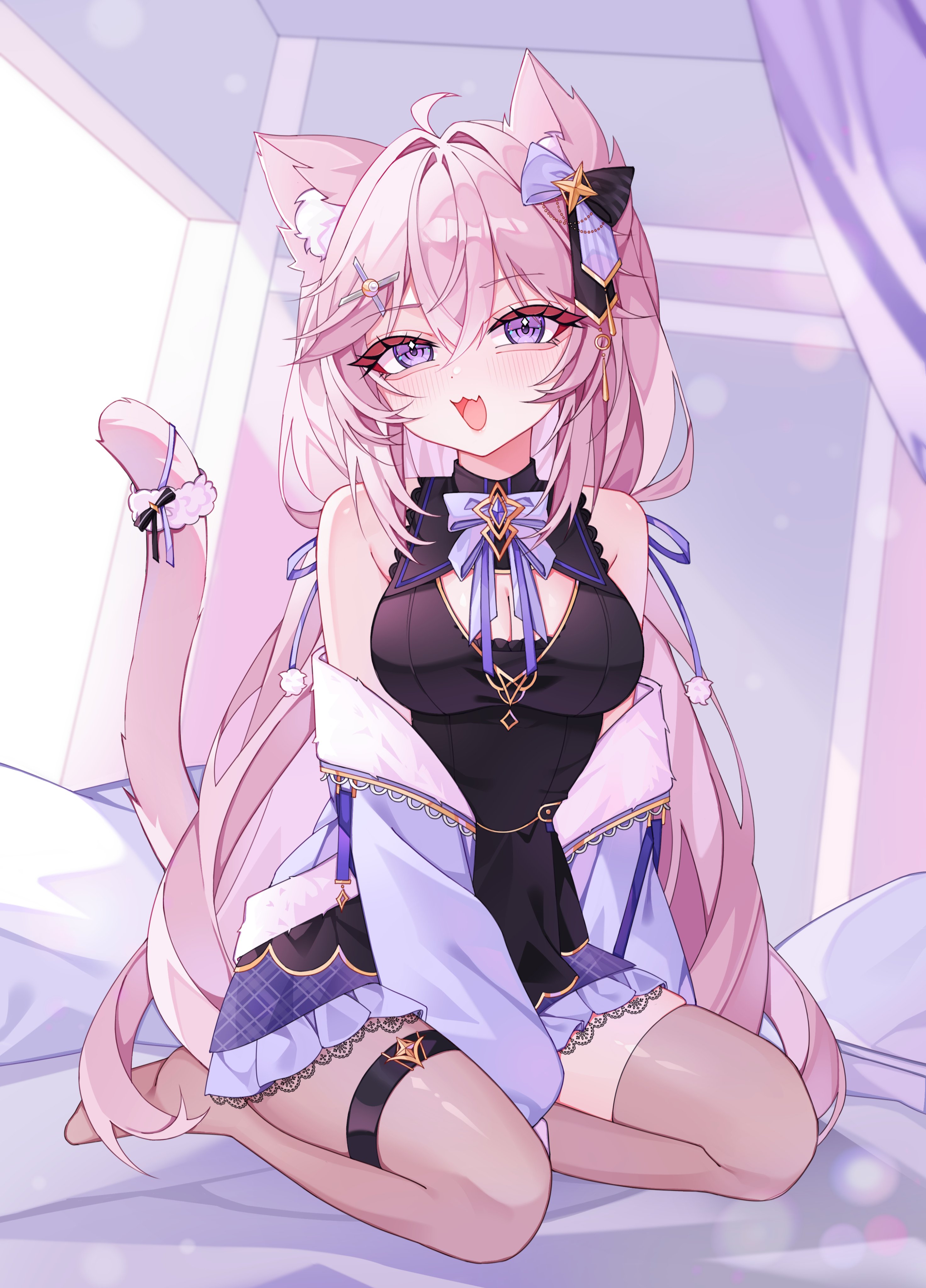 nyatasha nyanners, indie virtual youtuber, absurdres, commentary, highres, symbol-only commentary, 1girl, ahoge, animal ear fluff, animal ears, asymmetrical legwear, black dress, breasts, cat ears, cat girl, cat tail, cleavage, cleavage cutout, clothing cutout, dress, grey hair, kneeling, open mouth, purple eyes, rinne (rinne oi), single leg pantyhose, single thighhigh, solo, tail, thighhighs, virtual youtuber