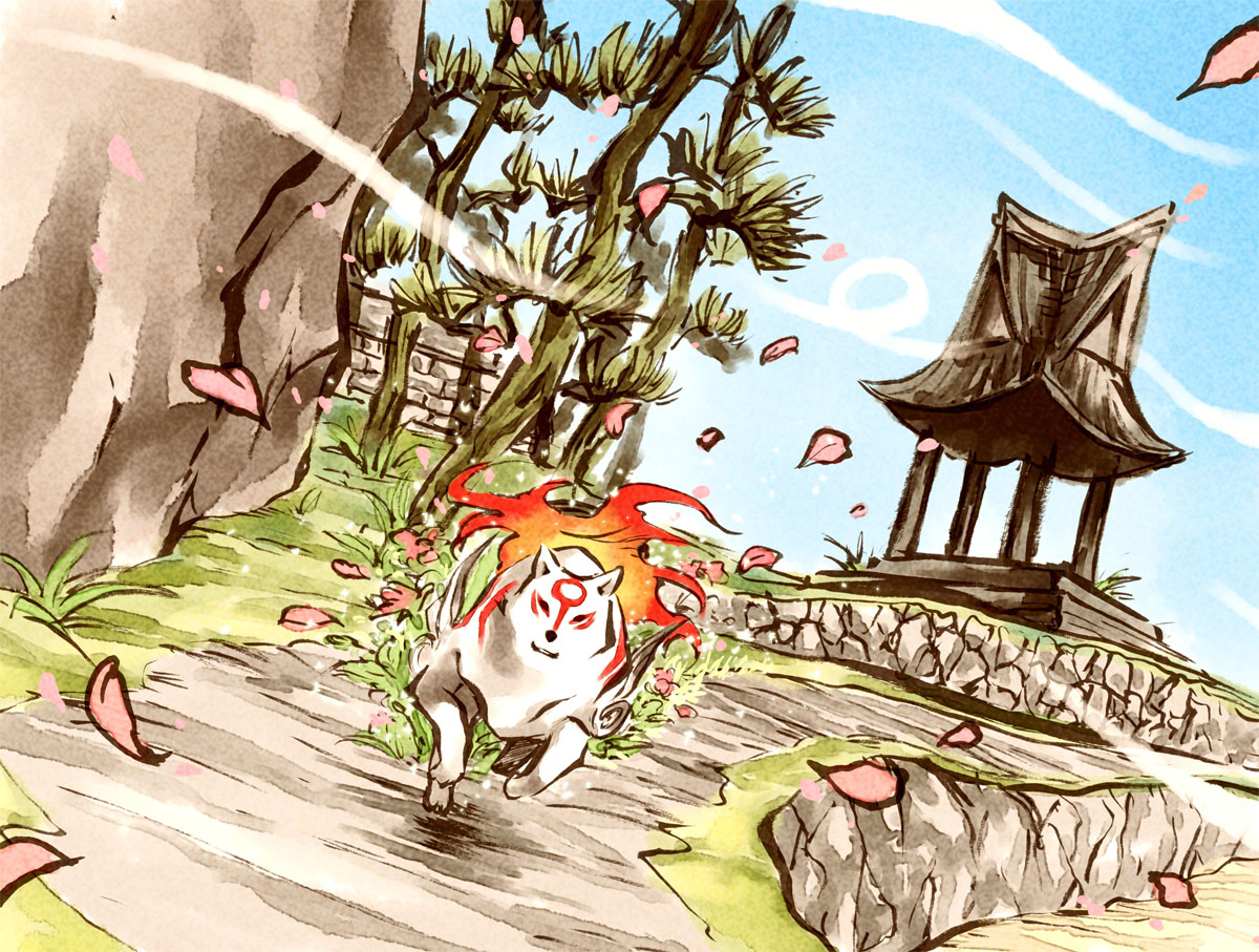 satsuki yuu (awairo), amaterasu (ookami), capcom, ookami (game), wall, animal, beach, blue sky, bodypaint, building, cliff, day, fire, flower, no humans, outdoors, path, petals, plant, road, running, sand, sky, solo, stone wall, wind, wolf