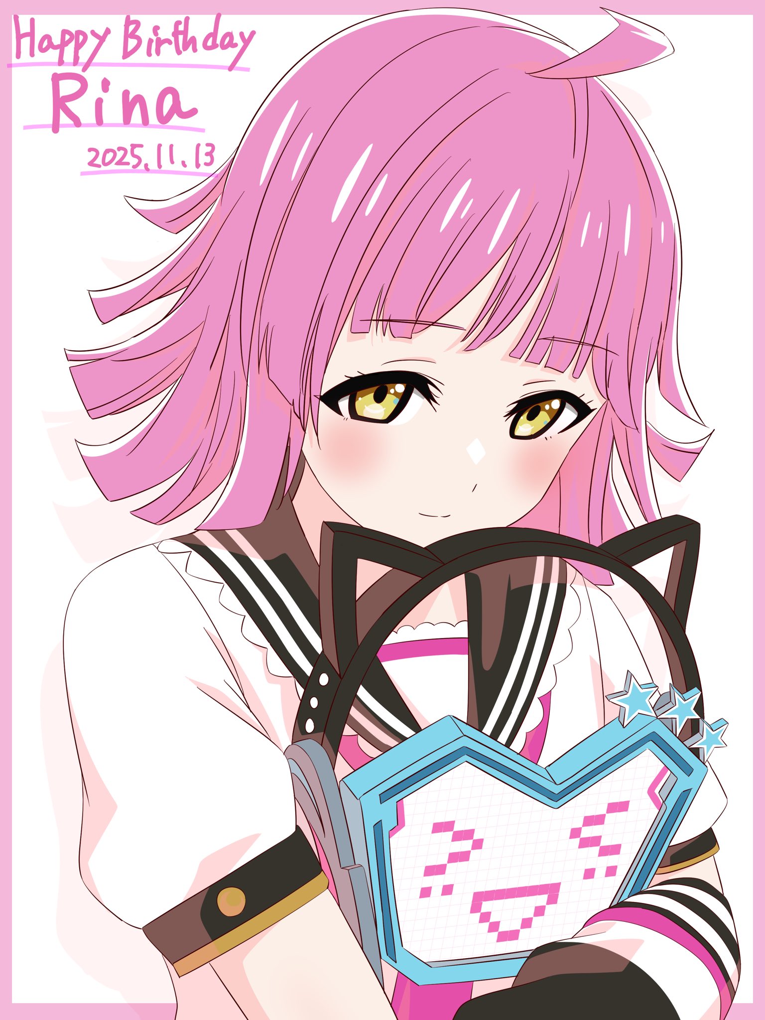 myrain56991013, tennoji rina, love live!, love live! nijigasaki high school idol club, highres, 1girl, animal ear headphones, animal ears, blush, cat ear headphones, cat ears, embarrassed, fake animal ears, happy birthday, headphones, holding, mask, official alternate costume, pink hair, shirt, short hair, simple background, sleeveless, smile, solo, upper body, white background, white shirt, yellow eyes