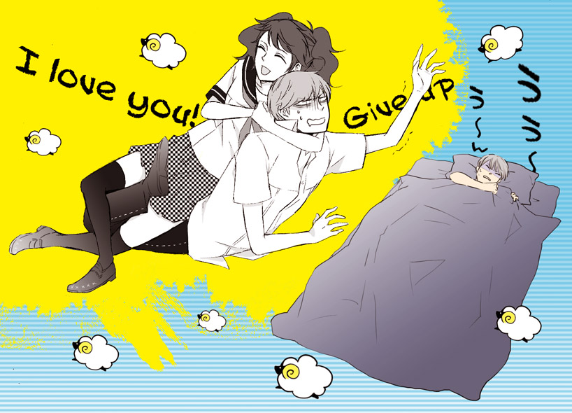 nicol-non, kujikawa rise, narukami yu, atlus, persona, persona 4, bad id, bad pixiv id, 1boy, 1girl, bed, couple, dreaming, english text, headlock, hetero, school uniform, serafuku, sheep, sleeping, thighhighs, wrestling