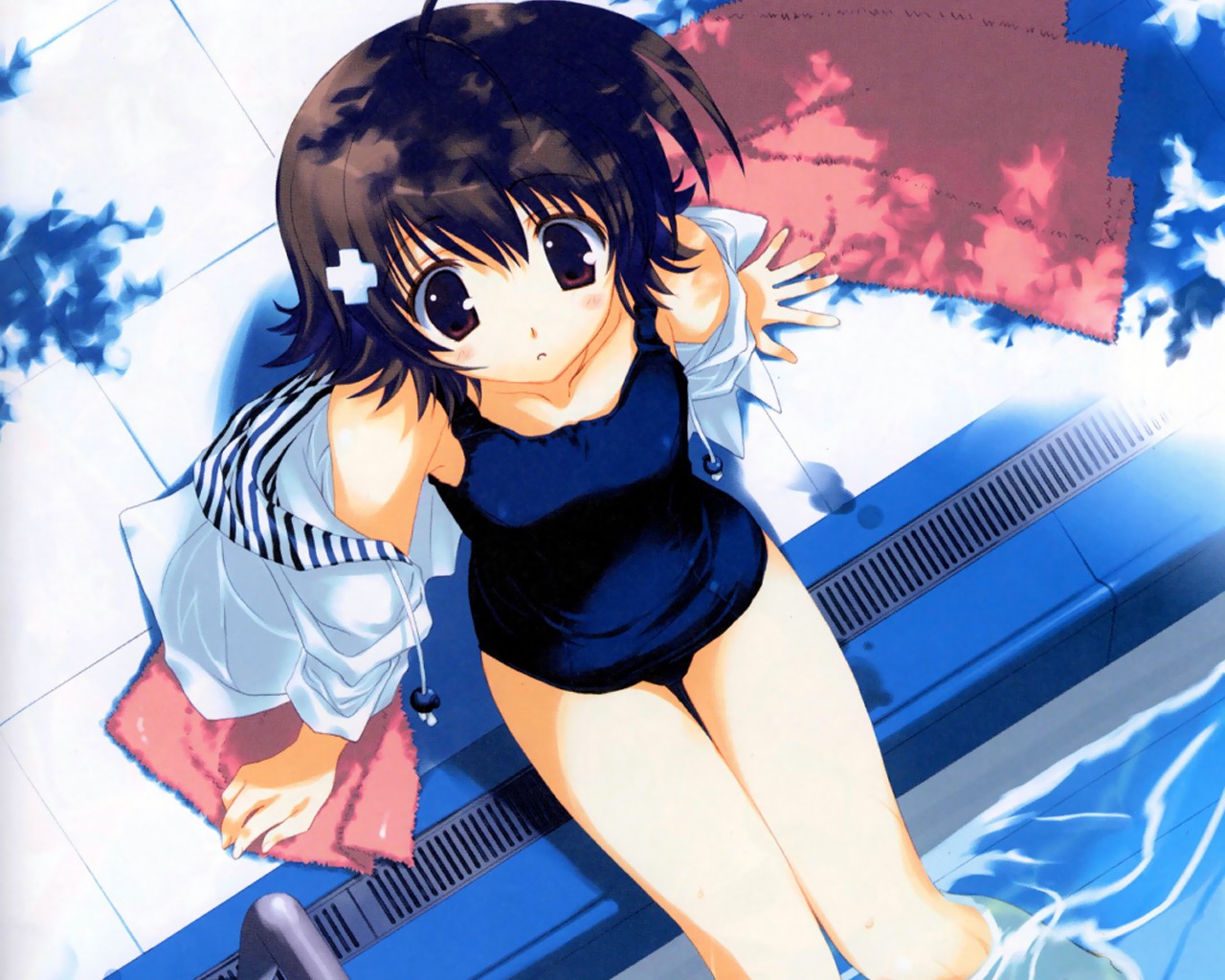 mitsumi misato, 1girl, ahoge, brown eyes, brown hair, dutch angle, female focus, from above, hair ornament, jacket, jacket over swimsuit, looking at viewer, looking up, off shoulder, one-piece swimsuit, outdoors, pool, poolside, school swimsuit, short hair, sitting, soaking feet, solo, swimsuit, towel, water