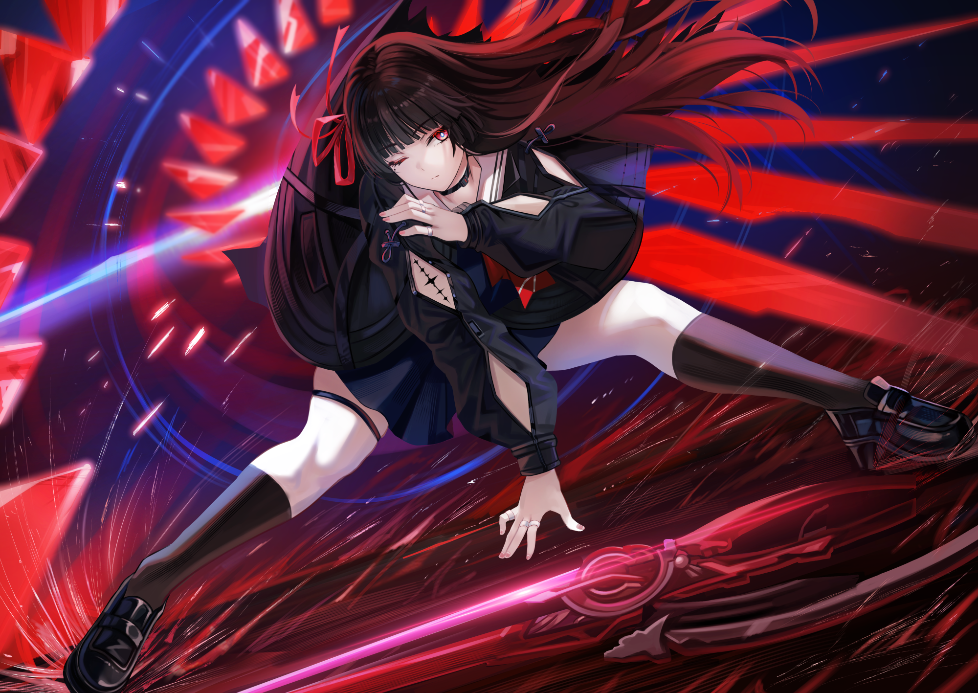 nicky w, chisa (wuthering waves), wuthering waves, highres, 1girl, arm cutout, black choker, black hair, black jacket, black serafuku, black shirt, black shoes, black skirt, choker, closed mouth, clothing cutout, dynamic pose, jacket, loafers, long hair, long sleeves, one eye closed, red eyes, sailor collar, school uniform, serafuku, shirt, shoes, skirt, solo, sword, tacet mark (wuthering waves), thigh strap, weapon, white sailor collar