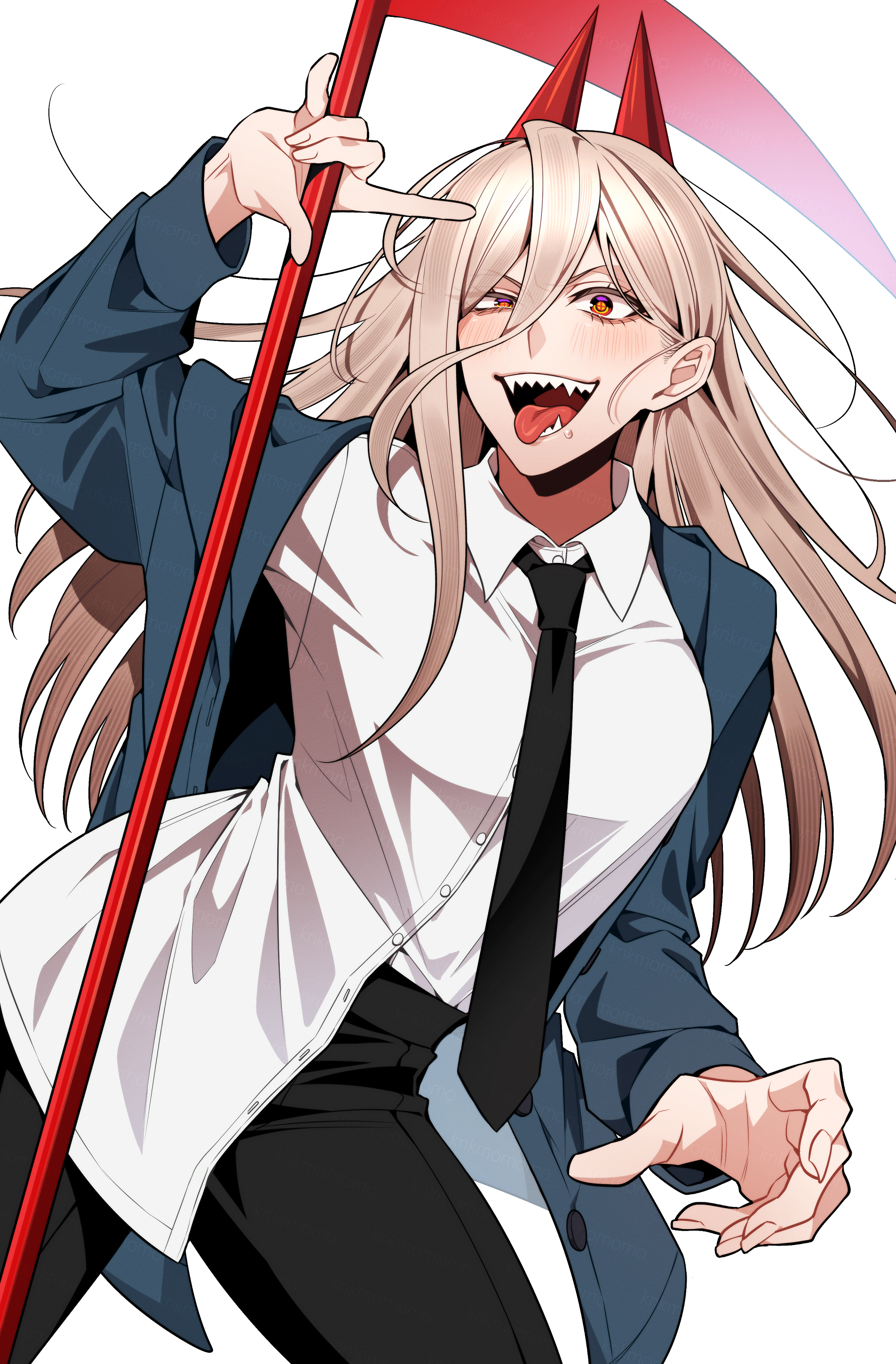 kamenozoki momomo, power (chainsaw man), chainsaw man, absurdres, highres, 1girl, black necktie, black pants, blonde hair, blue jacket, collared shirt, demon girl, demon horns, hair between eyes, holding, holding scythe, horns, jacket, long hair, long hair between eyes, looking at viewer, necktie, open mouth, orange eyes, pants, red horns, scythe, sharp teeth, shirt, shirt partially tucked in, solo, teeth, tongue, tongue out, white background, white shirt