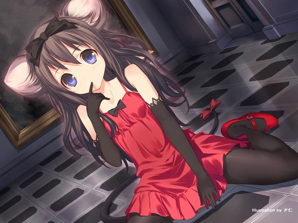 uni (plastic girl), jpeg artifacts, 1girl, animal ears, bare shoulders, black hair, black pantyhose, blue eyes, bow, chemise, dress, elbow gloves, female focus, flat chest, gloves, hair bow, legs, long hair, mary janes, mouse ears, mouse tail, pantyhose, red shoes, shoes, sitting, solo, tail