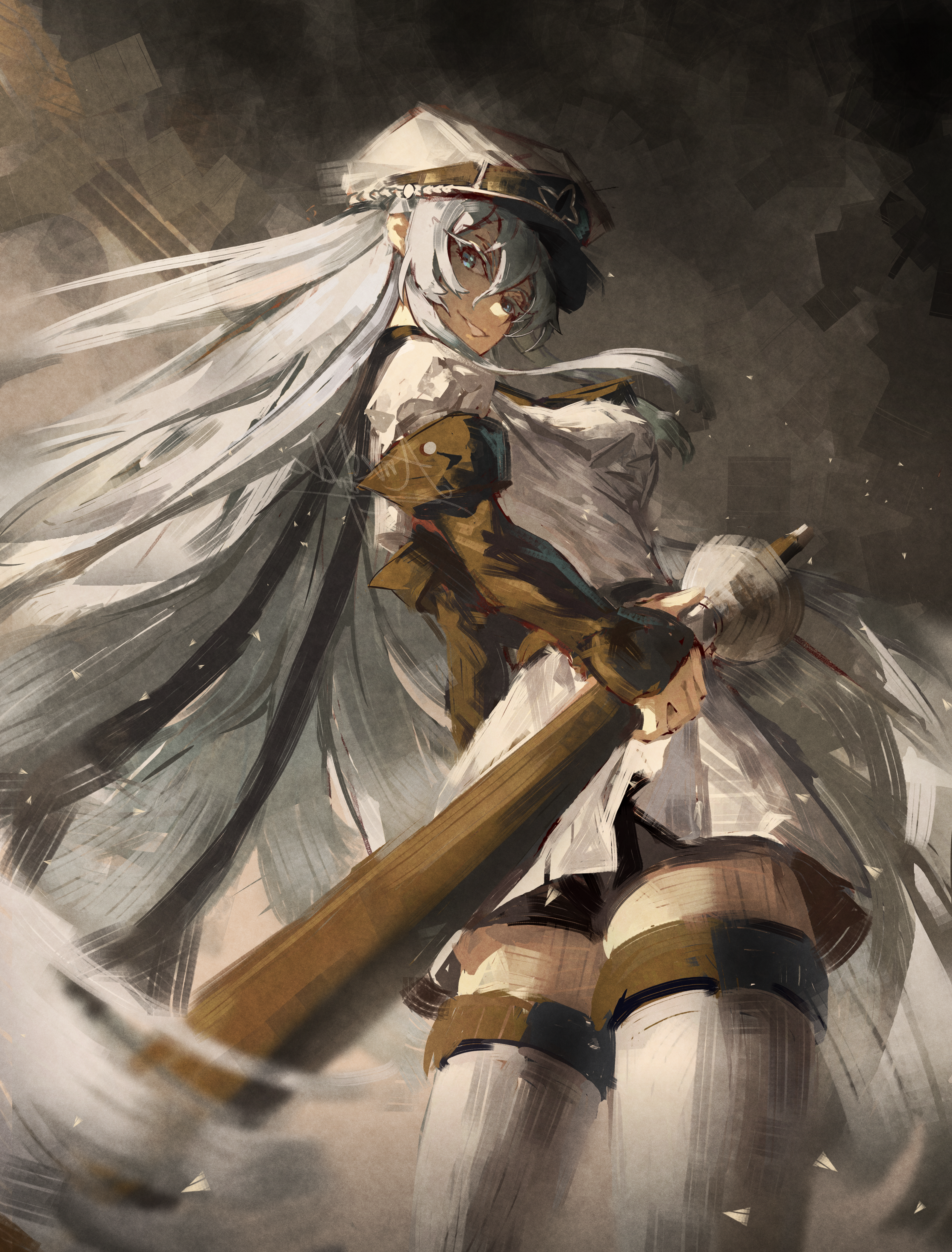 arkilide, esdeath, akame ga kill!, absurdres, highres, 1girl, blue eyes, blue hair, boots, brown boots, fingerless gloves, gloves, hat, holding, holding sword, holding weapon, jacket, long hair, looking at viewer, military hat, military jacket, military uniform, parted lips, peaked cap, rapier, solo, sword, thigh boots, very long hair, weapon, white hat