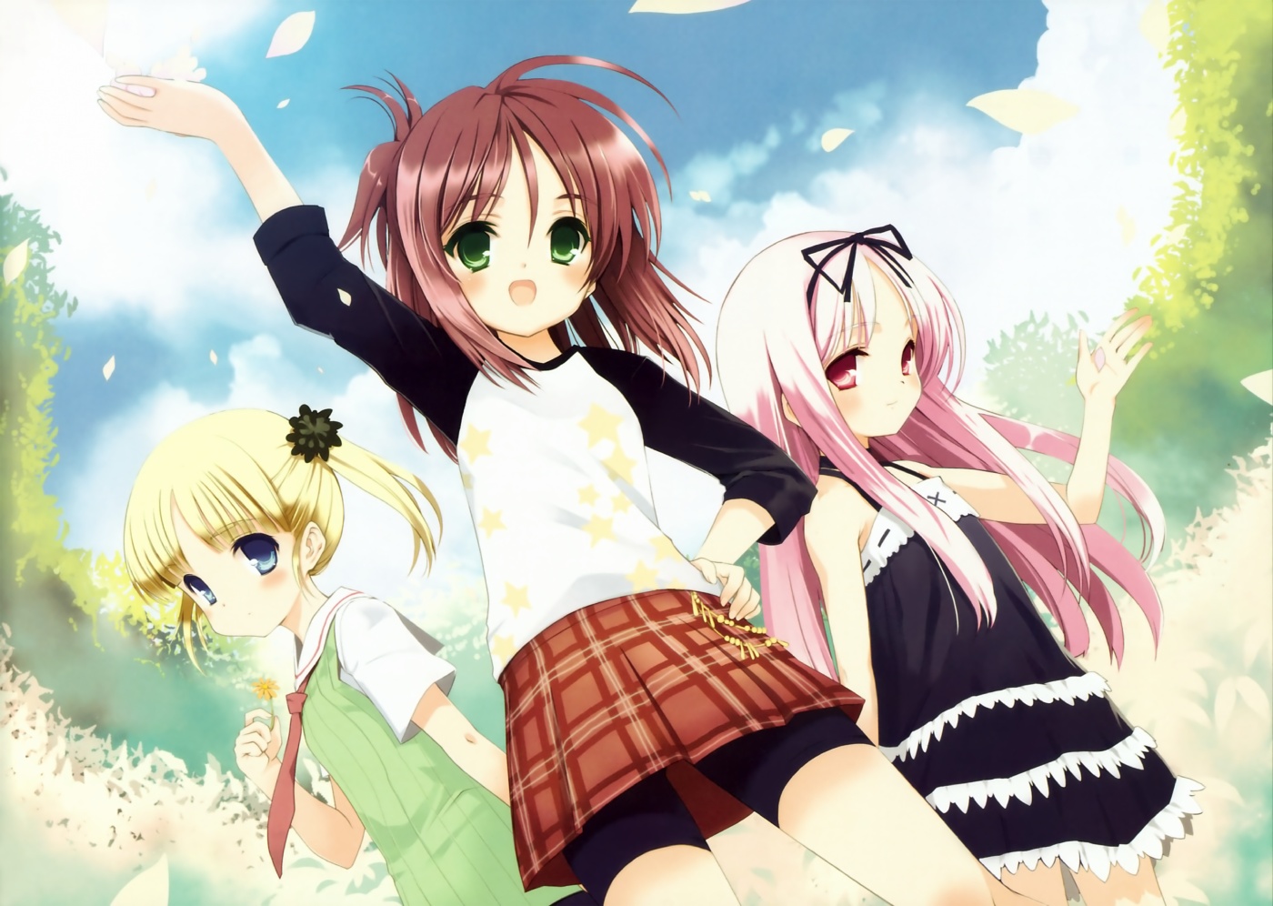 koin (foxmark), himemiya ruri, hoshino erika, suzumura azami, garden (game), 3girls, bike shorts, blonde hair, blue eyes, blush, brown hair, cloud, day, dress, flat chest, flower, green eyes, leaf, long hair, multiple girls, nature, necktie, open mouth, petals, pink eyes, pink hair, plaid clothes, plaid skirt, raglan sleeves, red eyes, school uniform, short twintails, skirt, sky, smile, star (symbol), sundress, twintails