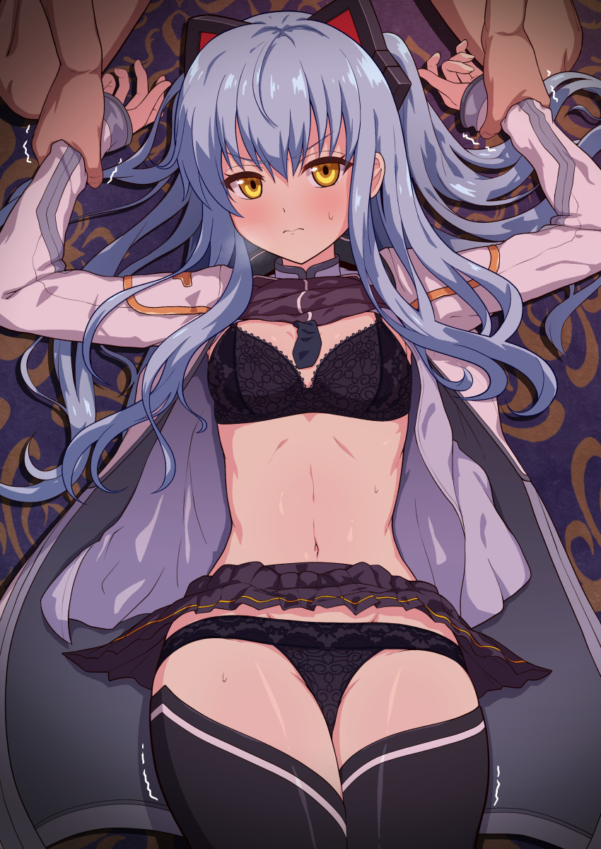 mumyou ishi, tio plato, eiyuu densetsu, zero no kiseki, commentary request, commission, highres, large variant set, skeb commission, textless version, variant set, 1boy, 1girl, black bra, black panties, black shirt, black skirt, black thighhighs, blue hair, bra, breasts, closed mouth, clothes lift, holding another's wrist, jacket, long hair, long sleeves, looking at viewer, lying, miniskirt, missionary, navel, on back, panties, pinned, pleated skirt, shirt, shirt lift, skirt, small breasts, thighhighs, underwear, v-shaped eyebrows, white jacket, yellow eyes