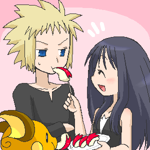 dawn (pokemon), raichu, volkner (pokemon), nintendo, pokemon, lowres, 1boy, 1girl, ^ ^, apple, apple rabbit, blue eyes, closed eyes, feeding, food, food art, fruit, gen 1 pokemon, gym leader, long hair, open mouth, pink background, plate, pokemon (creature), short hair, sushi