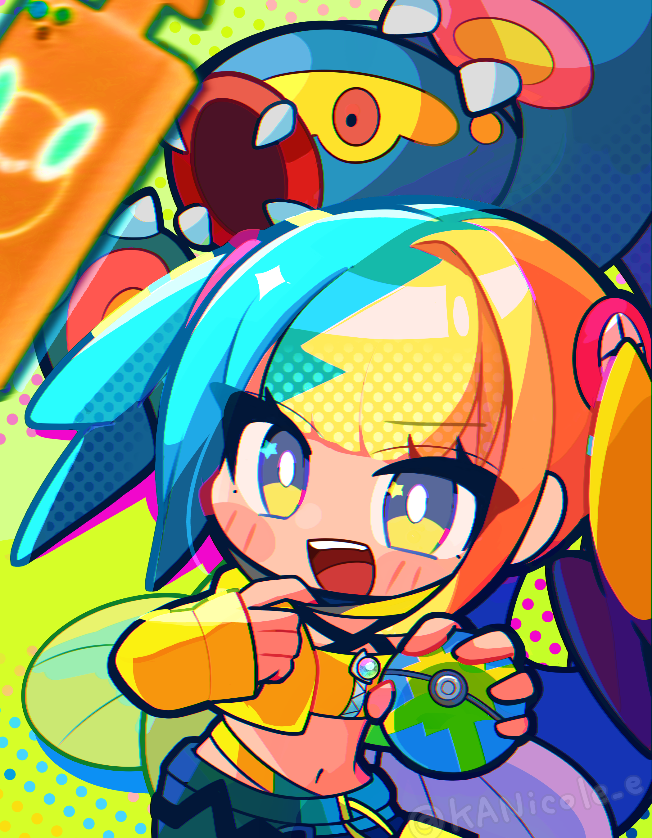 nikoru, canari (pokemon), eelektross, rotom, rotom phone, nintendo, pokemon, pokemon legends: z-a, absurdres, commentary request, highres, 1girl, aqua hair, black hair, blonde hair, blurry, blush, blush stickers, bright pupils, cellphone, claws, crop top, cropped jacket, dark-skinned female, dark skin, eyelashes, fangs, gen 4 pokemon, gen 5 pokemon, jacket, long sleeves, mask, mask pull, mega stone, midriff, mouth mask, multicolored eyes, multicolored hair, navel, open clothes, open jacket, open mouth, phone, pokemon (creature), shirt, smartphone, smile, split-color hair, star (symbol), teeth, twitter username, two-tone eyes, upper teeth only, white pupils, yellow jacket, yellow shirt, zipper
