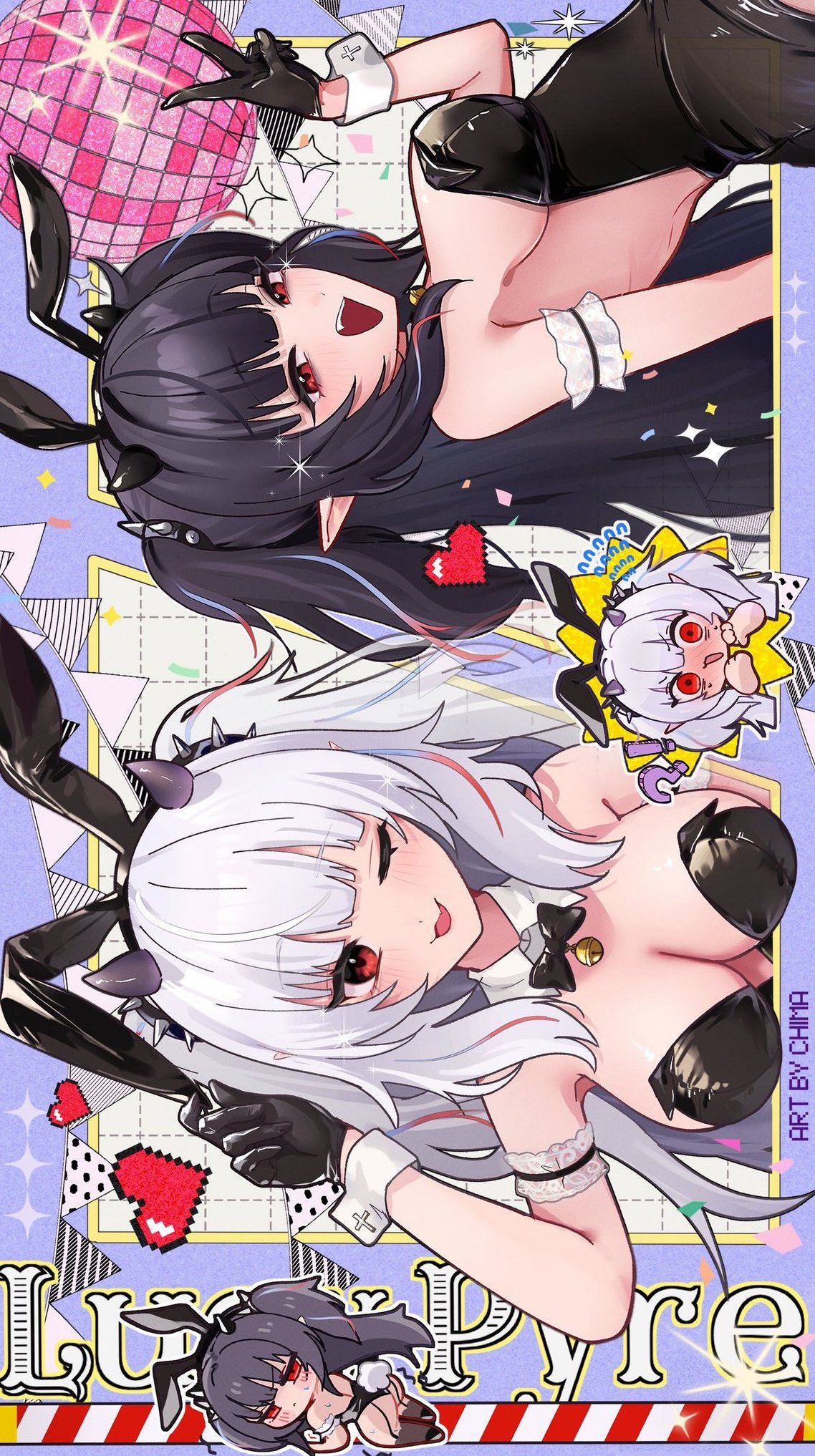 chimanakoneko, lucy pyre, indie virtual youtuber, commission, highres, vgen commission, 1girl, animal ear hairband, animal ears, bell, black bow, black bowtie, black gloves, black hair, black hairband, blue hair, bow, bowtie, breasts, character name, chibi, cleavage, collar, detached collar, fake animal ears, flying sweatdrops, gloves, hairband, heart, multicolored hair, neck bell, official alternate hair color, one eye closed, open mouth, playboy bunny, rabbit ear hairband, rabbit ears, red eyes, red hair, spiked hairband, spikes, streaked hair, v, virtual youtuber, white collar, white hair, white wrist cuffs, wrist cuffs