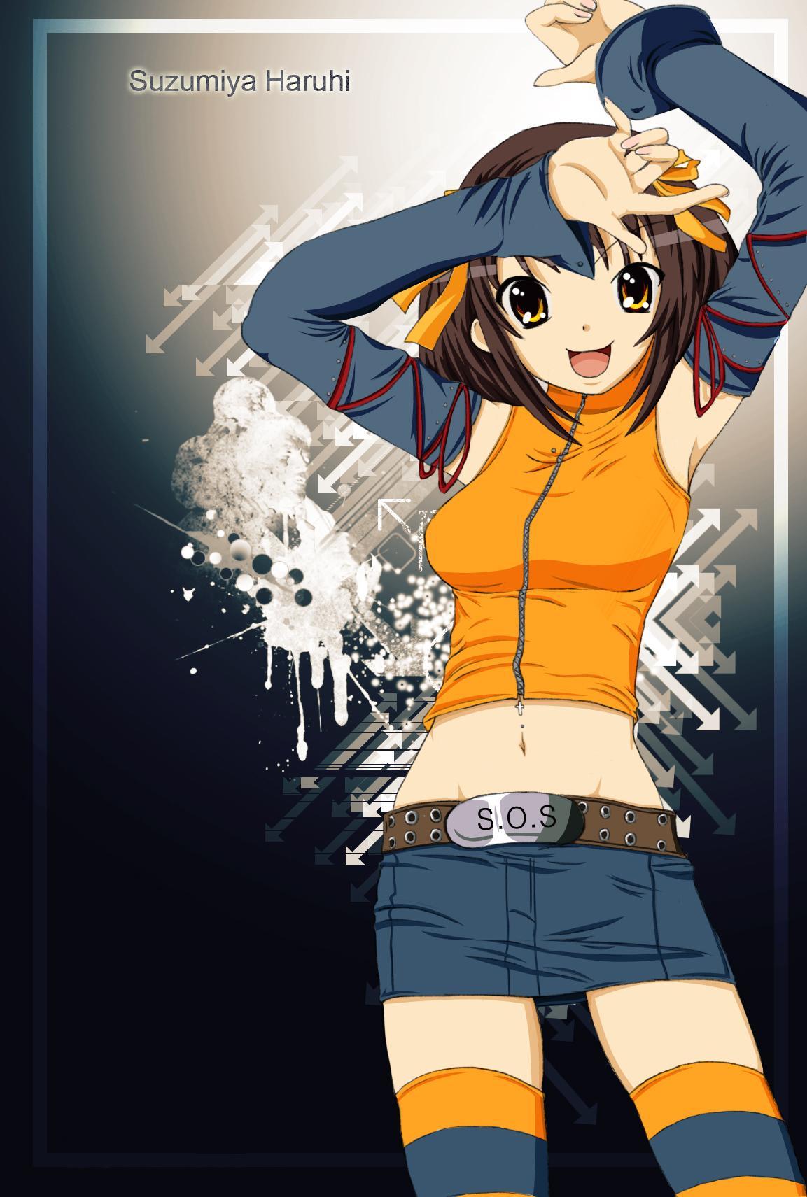 suzumiya haruhi, suzumiya haruhi no yuuutsu, highres, 00s, 1girl, armpits, belt, black hair, brown hair, cross, denim, denim skirt, detached sleeves, female focus, hair ribbon, midriff, miniskirt, navel, pencil skirt, ribbon, short hair, skirt, sleeveless, sleeveless turtleneck, solo, striped clothes, striped thighhighs, thighhighs, turtleneck, yellow eyes, zipper