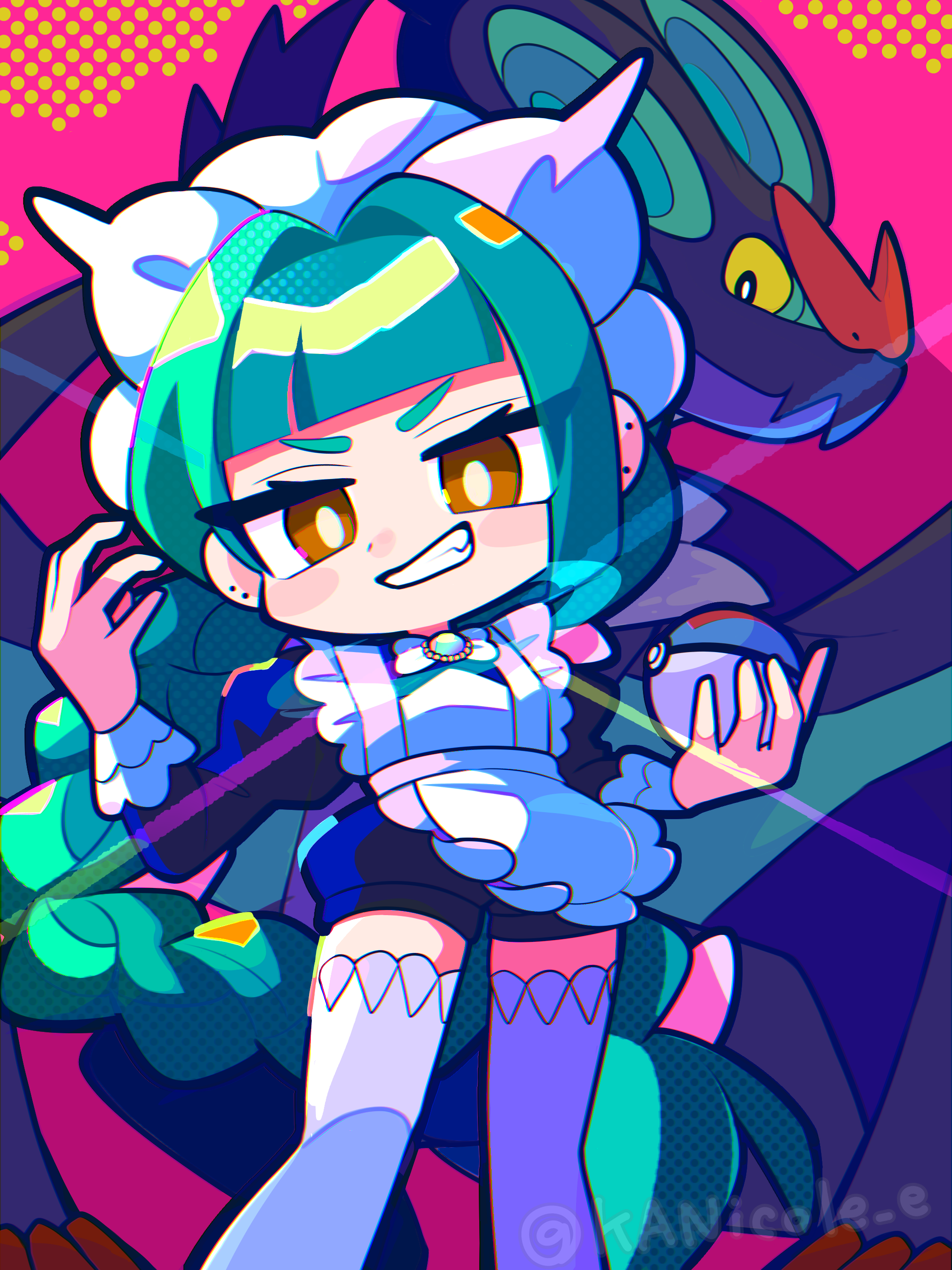 nikoru, lebanne (pokemon), noivern, nintendo, pokemon, pokemon legends: z-a, absurdres, commentary request, highres, 1girl, apron, black shirt, black shorts, blunt bangs, bow, bowtie, braid, bright pupils, chibi, closed mouth, cowboy shot, ear piercing, gen 6 pokemon, glint, great ball, green hair, grin, hair intakes, holding, holding poke ball, long hair, long sleeves, maid, maid apron, maid headdress, mega stone, piercing, poke ball, pokemon (creature), shirt, shorts, single braid, smile, thighhighs, twitter username, very long hair, white apron, white bow, white bowtie, white headdress, white pupils, white thighhighs, yellow eyes
