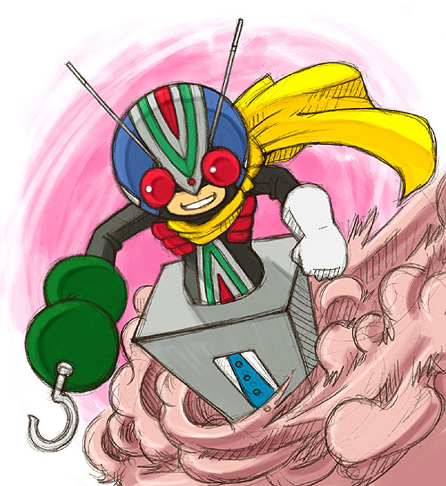 kaos, riderman, kamen rider, kamen rider v3 (series), 1boy, chibi, cosplay, grin, hook, male focus, riderman (cosplay), scarf, smile, solo, statue, yellow scarf