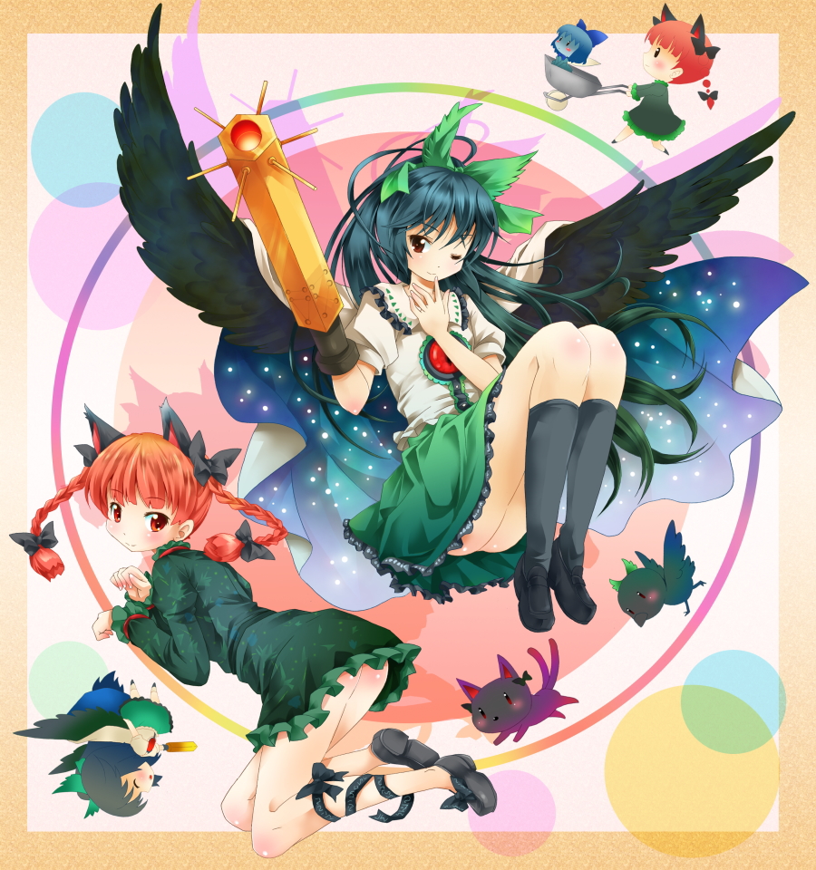 michii yuuki, kaenbyou rin, kaenbyou rin (cat), reiuji utsuho, reiuji utsuho (bird), zombie fairy (touhou), touhou, bad id, bad pixiv id, 3girls, animal ears, black hair, braid, cape, cat ears, cat girl, chibi, female focus, hair ribbon, long hair, multiple girls, one eye closed, paw pose, red eyes, red hair, ribbon, short hair, twin braids, twintails, wings, wink