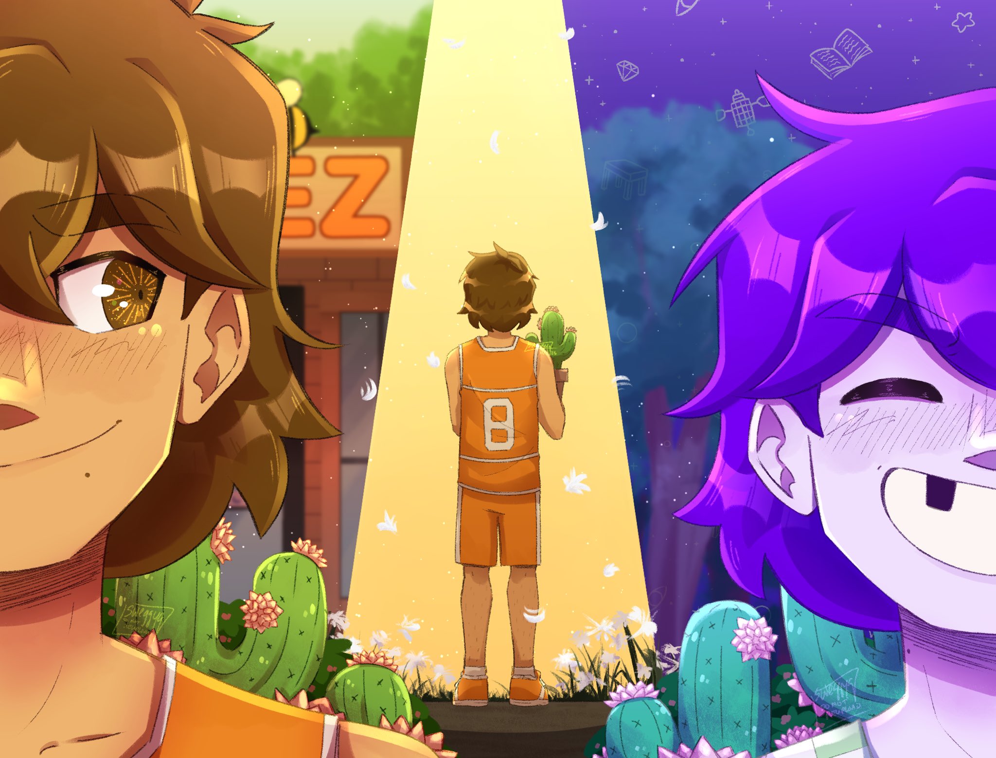 kel (faraway) (omori), kel (headspace) (omori), kel (omori), omori, highres, 2boys, alternate eye color, bee, brown eyes, brown hair, bug, cactus, closed eyes, closed mouth, collarbone, colored skin, double-parted bangs, dual persona, hair between eyes, insect, male focus, missing tooth, multiple boys, orange shoes, orange shorts, purple hair, shoes, shorts, smile, socks, sweggyq, white skin, white socks