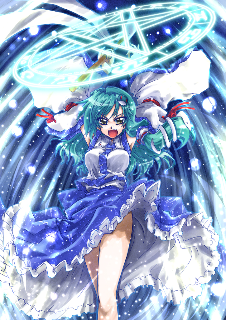 takana shinno, kochiya sanae, touhou, 1girl, breasts, detached sleeves, female focus, frog, green hair, hair ornament, magic circle, short hair, snake, solo, yellow eyes