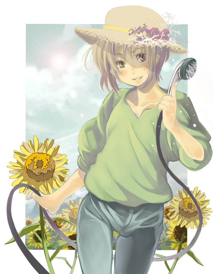platinumcorundum, original, bad id, bad pixiv id, baggy shirt, blonde hair, blush, casual, flower, hat, hose, short hair, sleeves pushed up, solo, straw hat, sunflower, yellow eyes