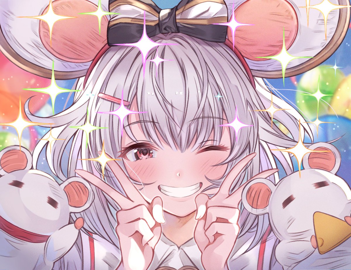 arutoria (187497382), vikala (granblue fantasy), granblue fantasy, commentary request, 1girl, ;d, animal ear hairband, animal ears, bob cut, bow hairband, double-parted bangs, double v, fake animal ears, grey hair, grin, hair ornament, hairband, hairclip, medium hair, mouse (animal), mouse ears, one eye closed, open mouth, portrait, red eyes, red hairband, sailor collar, shirt, smile, solo, sparkle, v, white sailor collar, white shirt