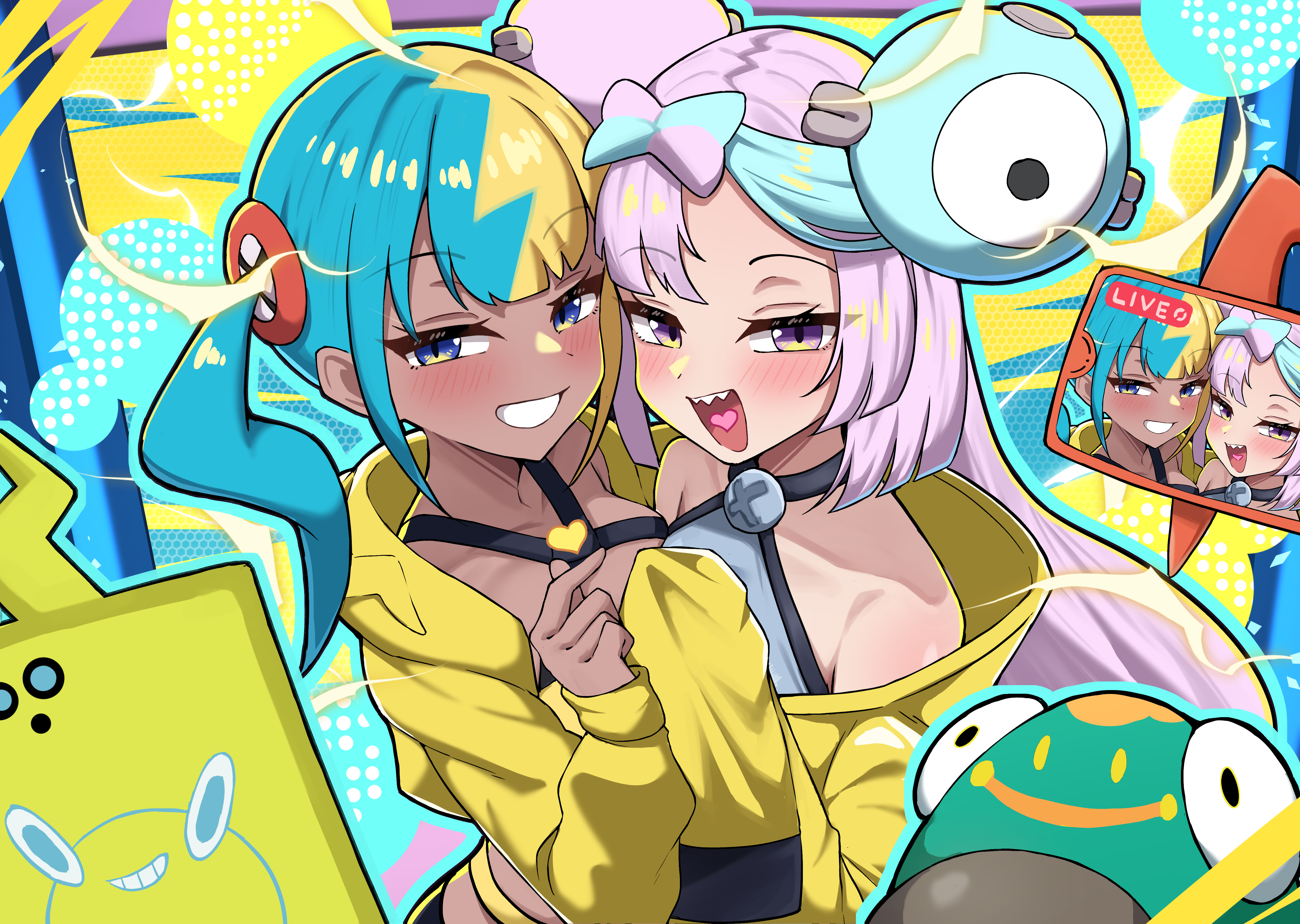 hashira 14, bellibolt, canari (pokemon), iono (pokemon), magnemite, rotom, rotom phone, nintendo, pokemon, absurdres, highres, 2girls, blonde hair, blue eyes, blue hair, blush, clenched teeth, dark-skinned female, dark skin, finger heart, gen 1 pokemon, gen 4 pokemon, heart, heart in mouth, jacket, livestream, long sleeves, multicolored hair, multiple girls, open mouth, pink hair, purple eyes, sharp teeth, teeth, two-tone hair, yellow jacket
