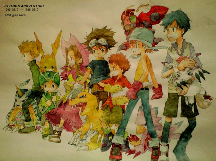 ina (gonsora), agumon, gomamon, ishida yamato, izumi koshiro, kido jo, patamon, piyomon, tachikawa mimi, takaishi takeru, takenouchi sora, tentomon, yagami hikari, yagami taichi, digimon, digimon adventure, pink headwear, bad id, bad pixiv id, painting (medium), traditional media, watercolor (medium), 2girls, 5boys, backpack, bag, belt, black hair, blonde hair, blue hair, boots, brothers, brown hair, bug, carrying, claws, cowboy hat, denim, digimon (creature), dinosaur, dress, everyone, fang, fangs, flat chest, flying, fringe trim, frown, glasses, gloves, goggles, goggles on head, group picture, group profile, hat, head perch, helmet, holding, horns, jeans, lineup, long dress, long hair, multiple boys, multiple girls, object on head, open mouth, orange hair, pants, profile, randoseru, shirt, short hair, shorts, siblings, sleeveless, sleeveless shirt, spiked hair, standing, teeth, wings