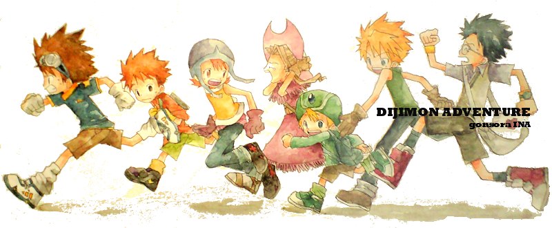 ina (gonsora), ishida yamato, izumi koshiro, kido jo, tachikawa mimi, takaishi takeru, takenouchi sora, yagami hikari, yagami taichi, digimon, digimon adventure, bad id, bad pixiv id, 2girls, 5boys, blonde hair, brothers, brown hair, child, cowboy hat, dress, fringe trim, gloves, goggles, goggles on head, hat, long dress, long hair, multiple boys, multiple girls, running, short cape, short hair, siblings, smile, tears