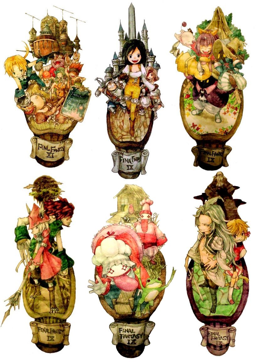 ina (gonsora), adelbert steiner, amarant coral, baku (ff9), beatrix, black mage (final fantasy), cinna (ff9), eiko carol, freya crescent, garland (ff9), garnet til alexandros xvii, marcus (ff9), mikoto (ff9), mikoto (ffix), moogle, quale, quina quen, ruby (ff9), vivi ornitier, zidane tribal, final fantasy, final fantasy ix, bad id, bad pixiv id, 00s, 6+boys, 6+girls, aircraft, airship, alcohol, artistic error, beer, belt, burmecian, castle, chef hat, child, claws, cup, english text, engrish text, everyone, faux figurine, frog, gloves, hat, mug, multiple boys, multiple girls, partisan (weapon), partisans, polearm, prima vista, ranguage, tail, weapon, wetland, wizard hat, yellow eyes