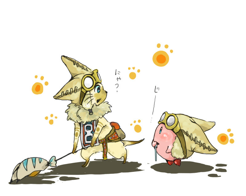 uzaki (jiro), zuro, felyne, kirby, capcom, kirby (series), monster hunter (series), nintendo, bad id, bad pixiv id, chibikemo, crossover, goggles, no humans, paw print, paw stick, saliva, shadow