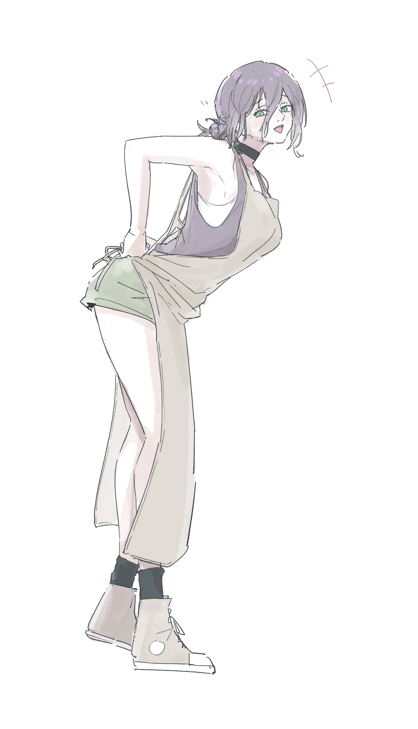 ahchih, reze (chainsaw man), chainsaw man, absurdres, highres, 1girl, apron, arms behind back, black choker, choker, full body, green eyes, green shorts, grey apron, hair between eyes, leaning forward, open mouth, purple hair, purple tank top, shorts, simple background, solo, standing, tank top, tying apron, white background