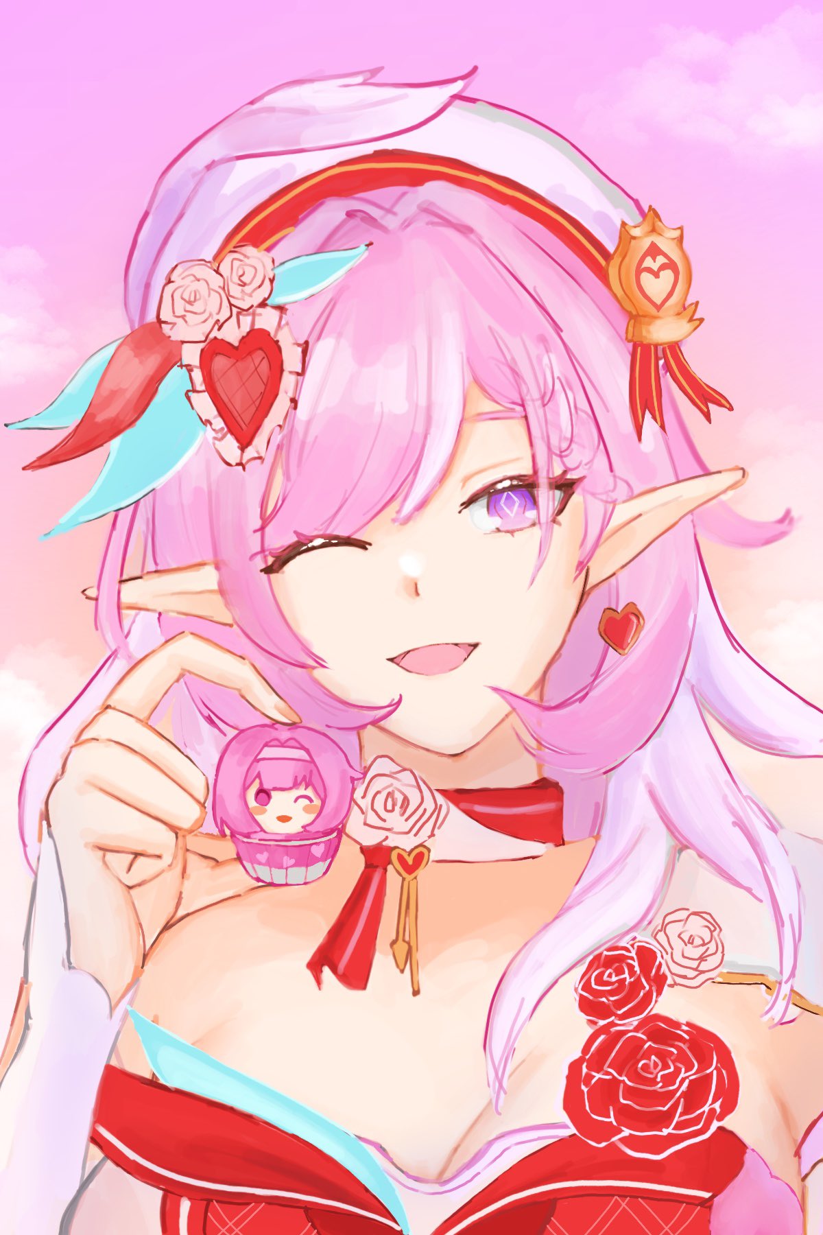 yakmeephuawkaa, elysia (hi love elf) (honkai impact), elysia (honkai impact), honkai (series), honkai impact 3rd, commentary, english commentary, highres, 1girl, ;o, beret, breasts, cleavage, cupcake, diamond-shaped pupils, diamond (shape), dress, elf, food, hat, holding, holding food, large breasts, long hair, looking at viewer, multicolored hair, one eye closed, pink hair, pink sky, pointy ears, purple eyes, red dress, sky, smile, solo, symbol-shaped pupils, two-tone hair, upper body, very long hair, white hair