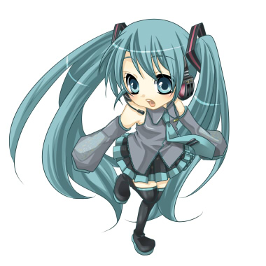 siempre, hatsune miku, vocaloid, bad id, bad pixiv id, lowres, 1girl, aqua eyes, aqua hair, blush, chibi, detached sleeves, female focus, headphones, long hair, microphone, necktie, skirt, solo, thighhighs, twintails
