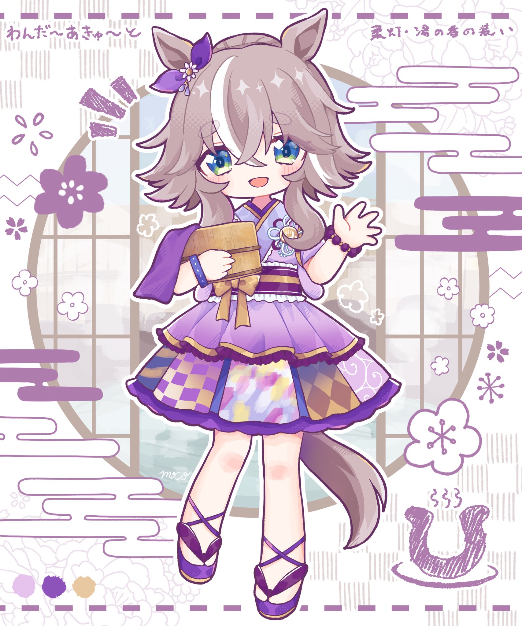 wonder acute (umamusume), umamusume, highres, 1girl, animal ears, bead bracelet, beads, blue eyes, blush, bow, bracelet, breasts, bucket, deformed, ear bow, ear ornament, grey hair, hair between eyes, hair bun, holding, holding bucket, horse ears, horse girl, horse tail, japanese clothes, jewelry, kimono, long hair, looking at viewer, mch m0n0, multicolored hair, onsen, open mouth, pink kimono, purple bow, purple kimono, sandals, sash, smile, solo, streaked hair, tail, towel, waving, wonder acute (soft light – hot spring scented outfit) (umamusume), wooden bucket